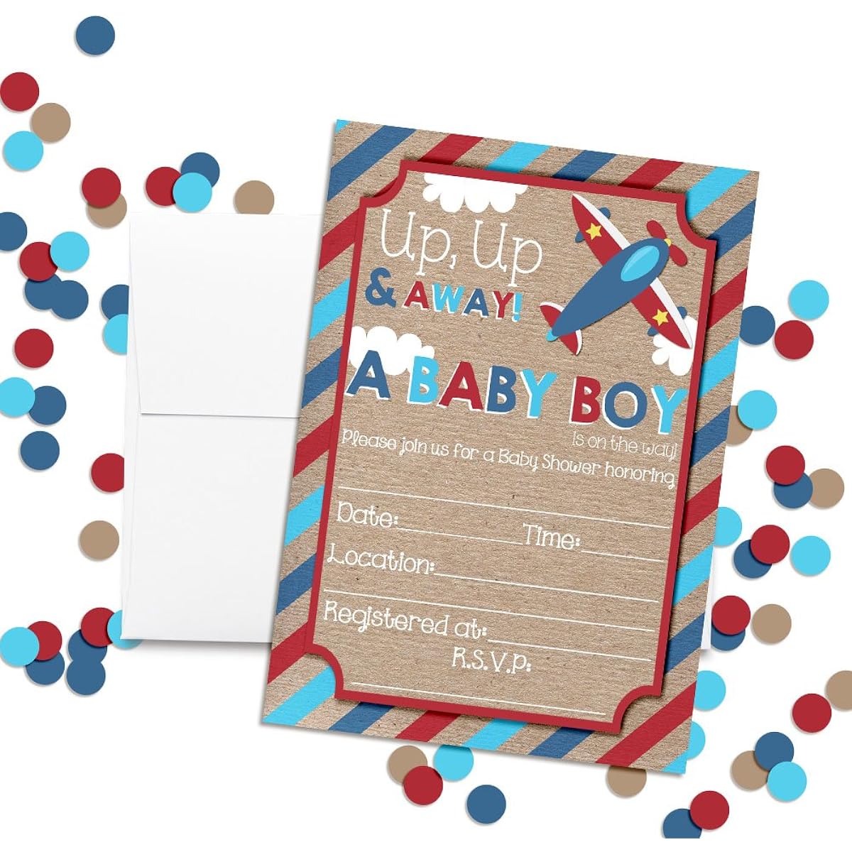 Up & Away Airplane Baby Shower Invitations for Boys, Ten 5"x7" Fill In Cards with 10 White Envelopes by AmandaCreation