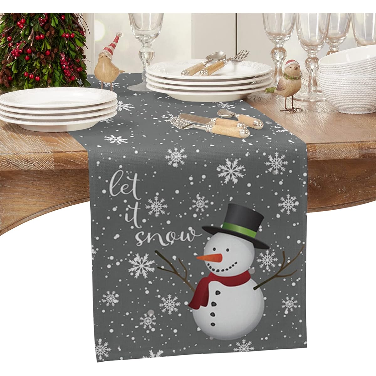 Falaniique Farmhouse Christmas Snowman Winter Snowflake Table Runner, 36" Long Cotton Linen Kitchen Dinner Table Runner, Burlap Table Runner for Table/Dresser/Dining/Party/Wedding