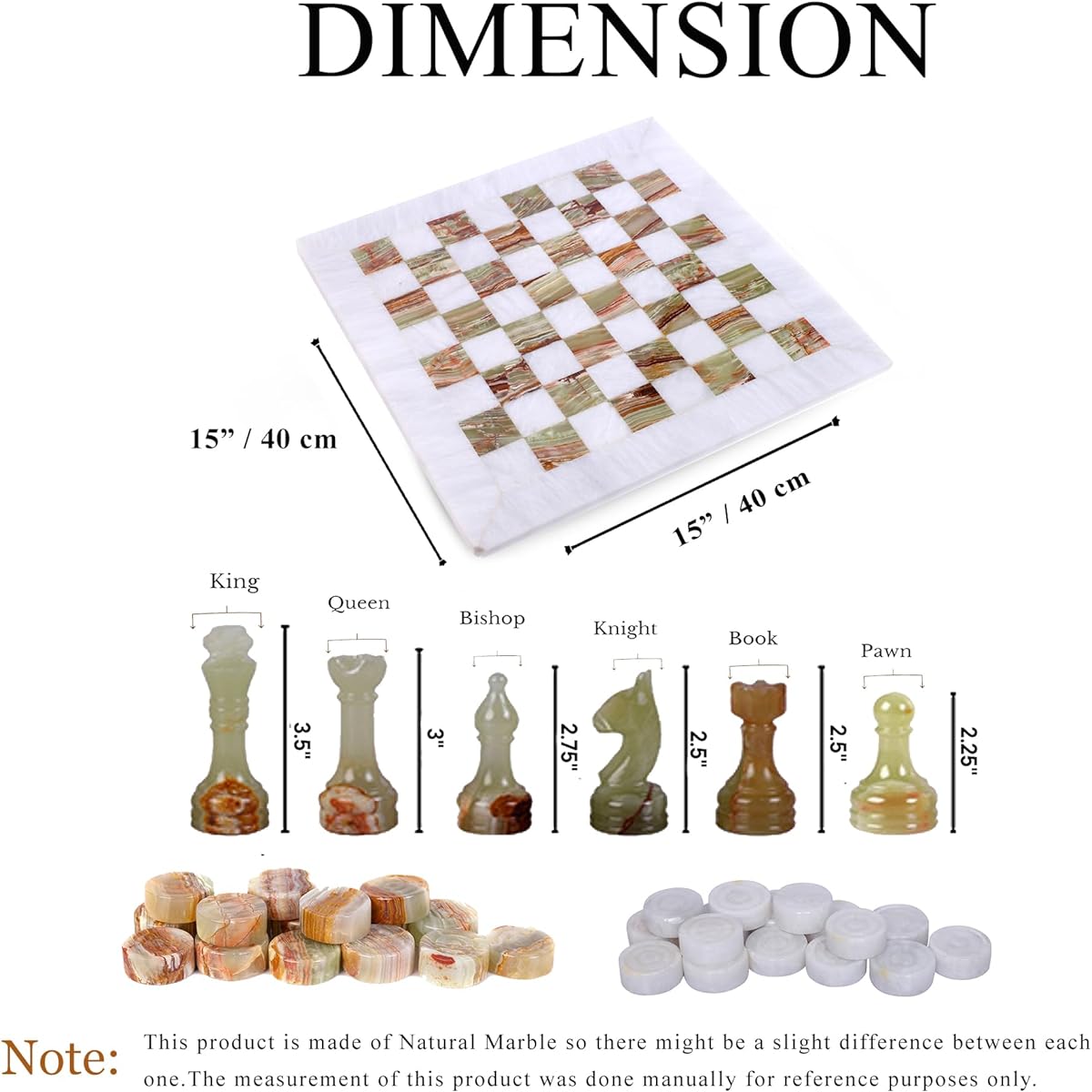 Premium Handmade Marble Chess Board Game Set + Free Checkers - Timeless Elegance for Classic Play and Home Decor - Perfect for Chess Enthusiasts (White and Green Onyx, 15 X 15)