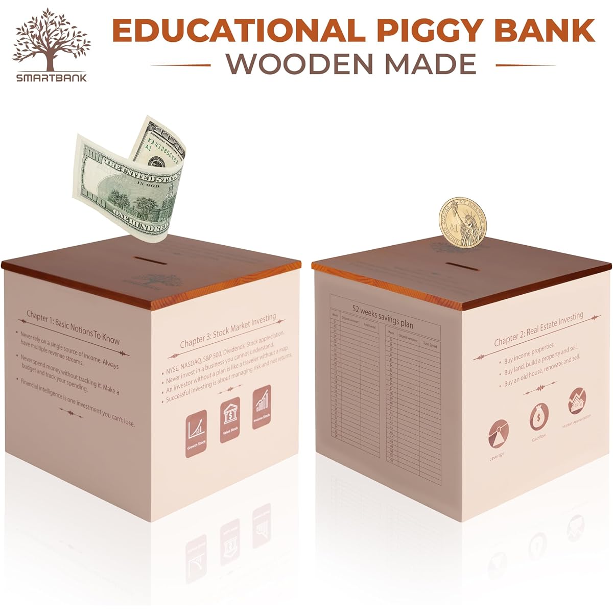 SmartBank Piggy Bank Piggy Bank for Kids and Adults - Teach Financial Knowledge and Motivate Display Case - Includes Savings Plan - A Must-Have to Access Your Money (7" x 7" x 7") (Beige)