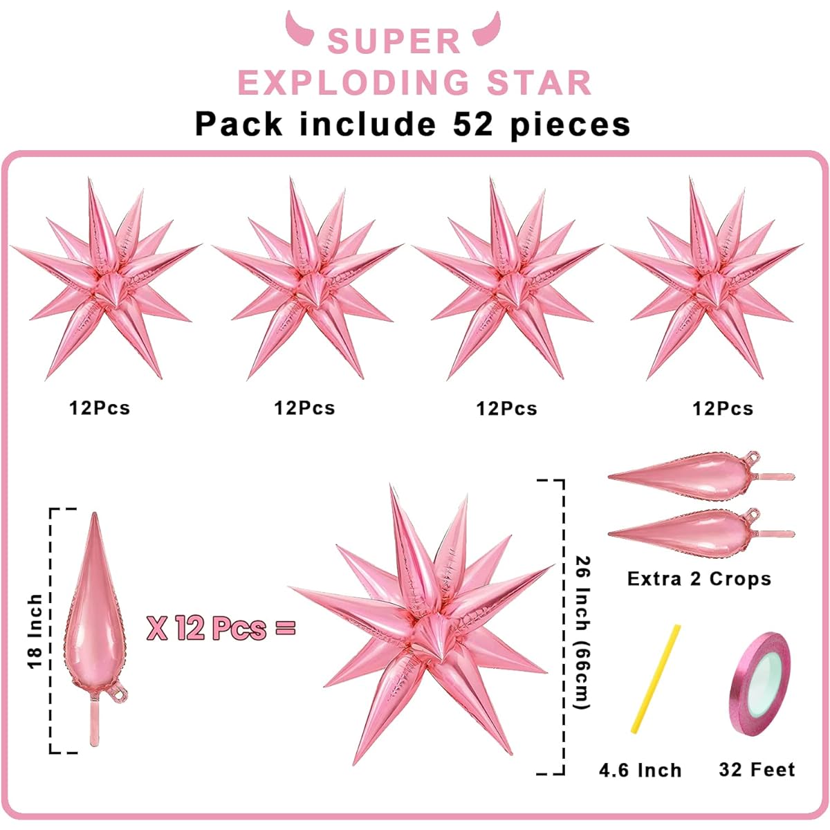 FUNTOOB Pink Balloons Star Balloons Metallic Star Foil Balloons Birthday Balloons Pink Star Cone Balloons Starburst Balloons Spike Balloons for Birthday/Graduation/Business/Event Decorations (50 Pieces)