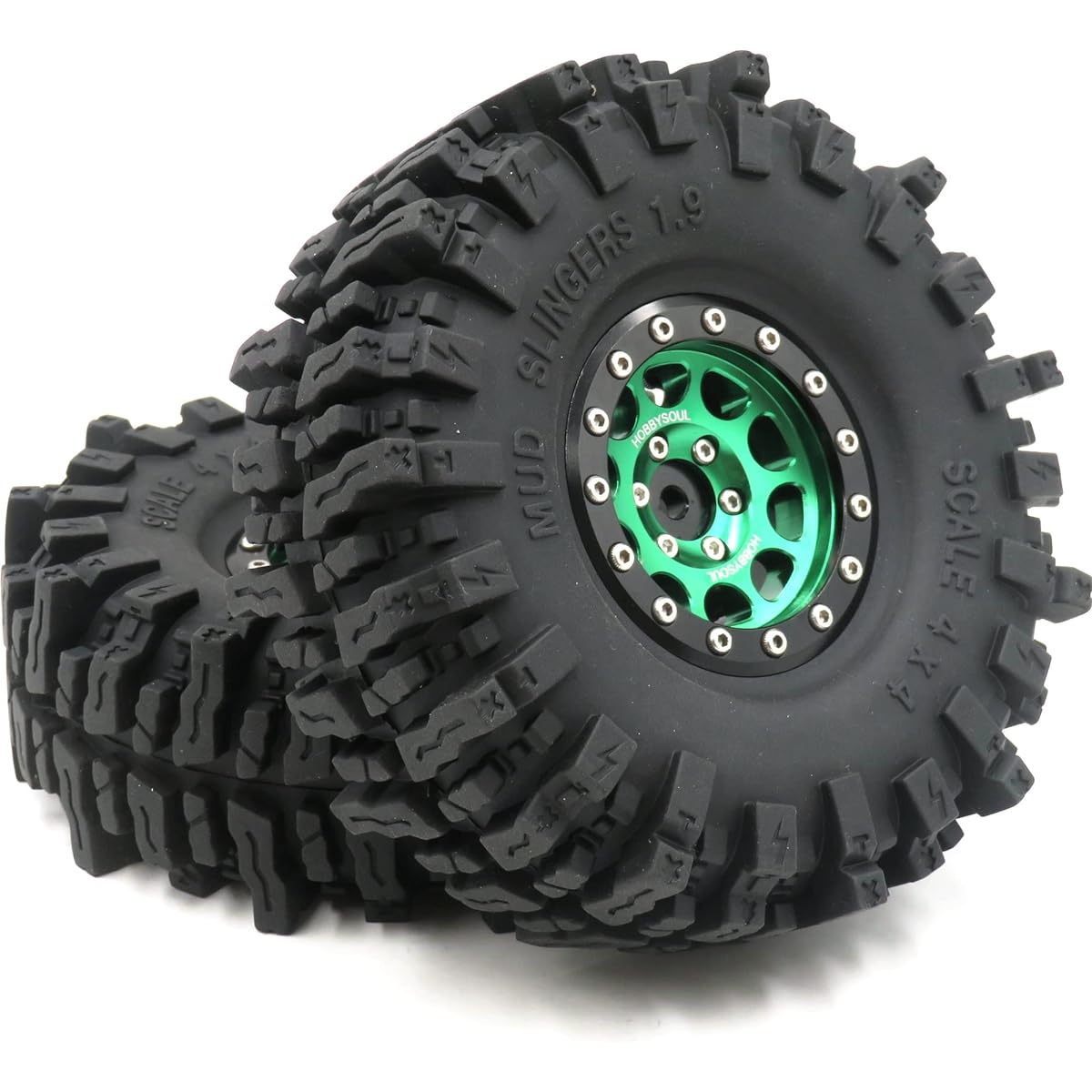 Hobbysoul RC 1.9 Mud Slinger Tires Soft Grip Off-Road Tire Height (OD) 120mm & 1.9 Beadlock Wheels Hex 12mm Black/Green Color Rims 2pcs