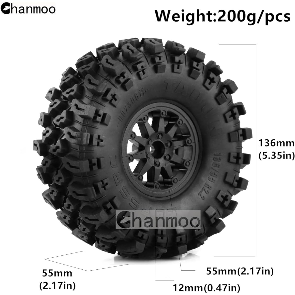 Chanmoo 2.2 RC Crawler Tires and Wheels Beadlock Rim 1/10 RC Rubber Slinger Grappler Mud Tires OD 136mm for 1:10 Rock Crawler Car Axial SCX10 90047 D90 TF2 Tamiya CC01 Traxxas TRX4 RGT 4pcs (Black)