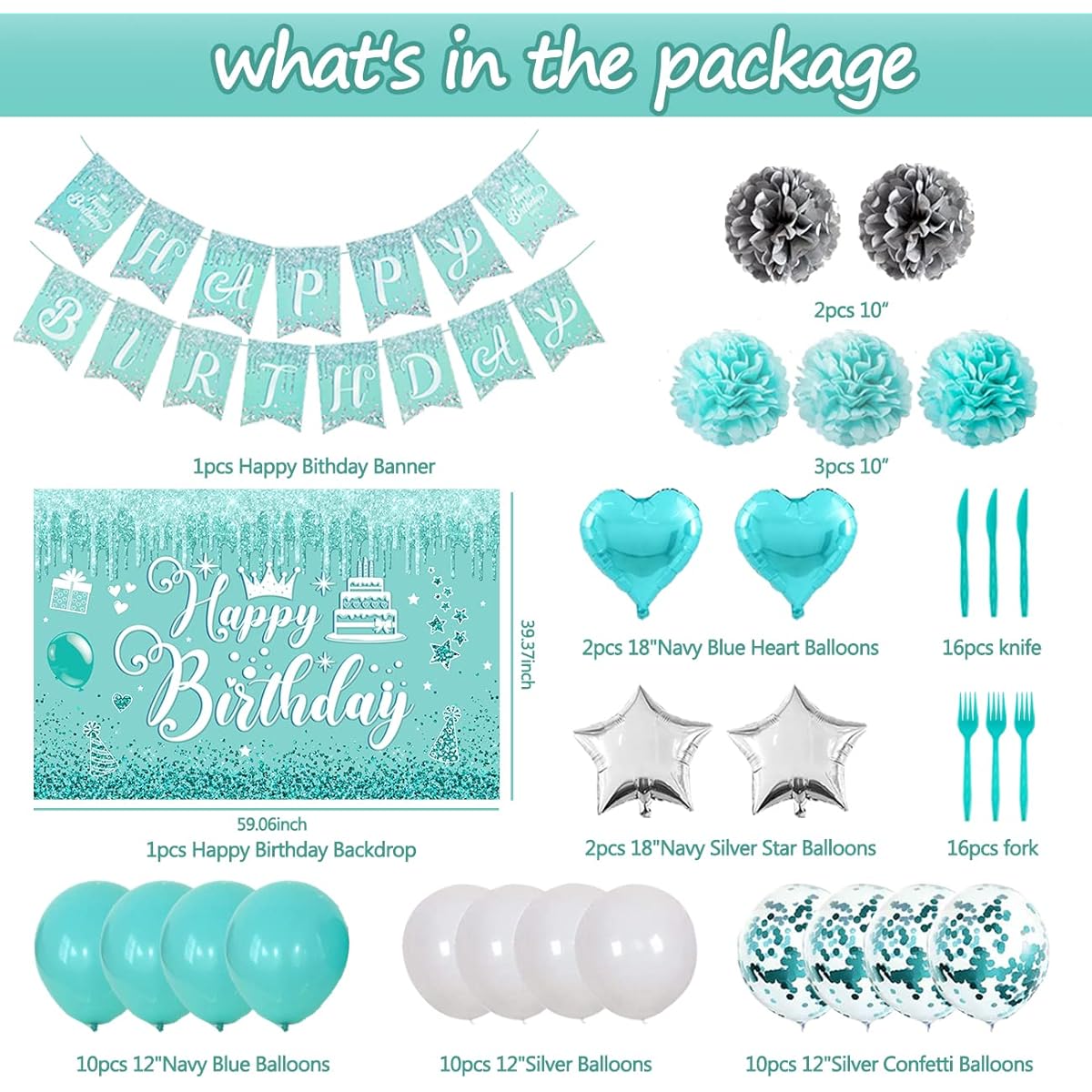 ssailue decor Teal and Silver Tableware Set Happy Birthday Party Decorations