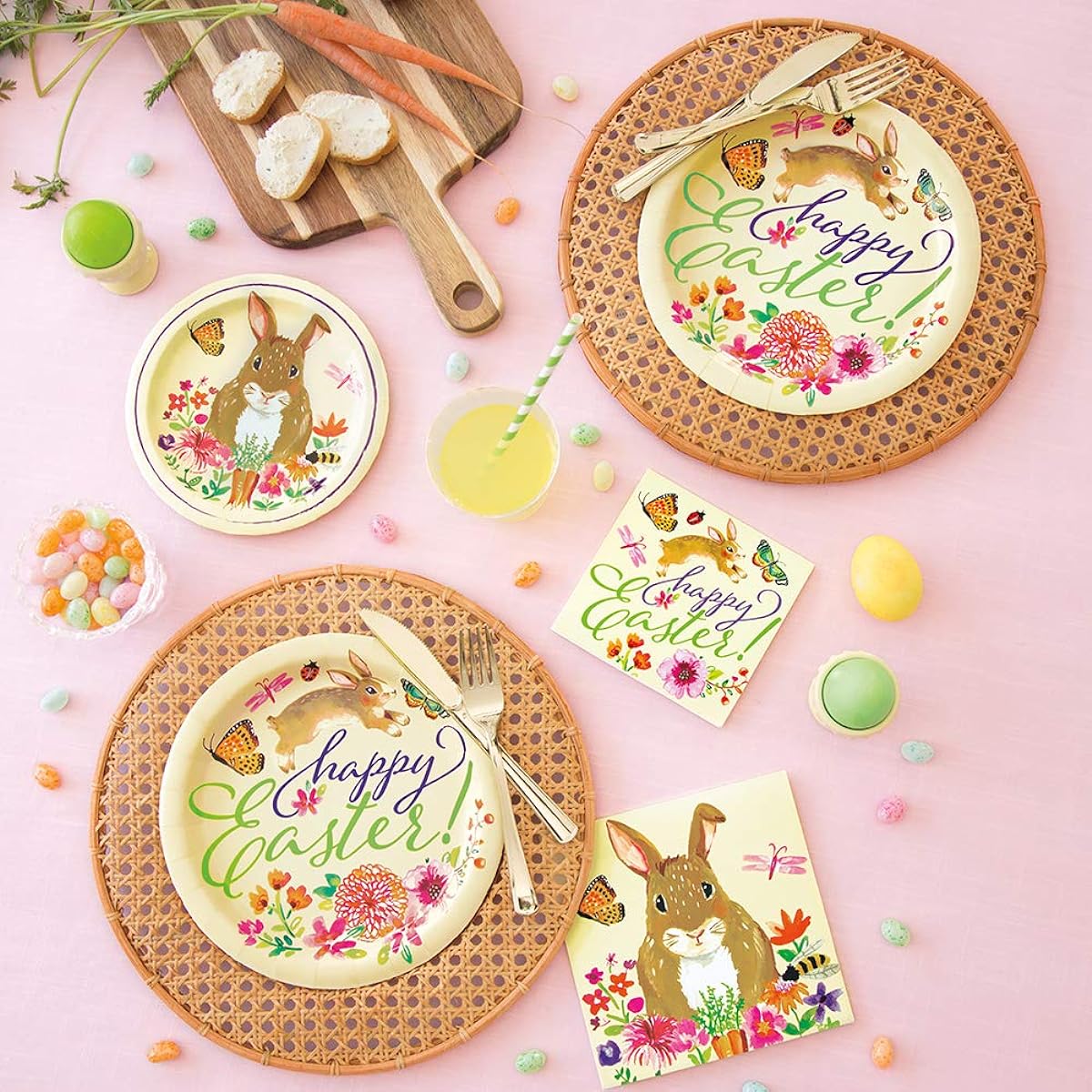 Unique Round Dessert Paper Plates - 7 Inch | Floral Easter Bunny | 8 Count
