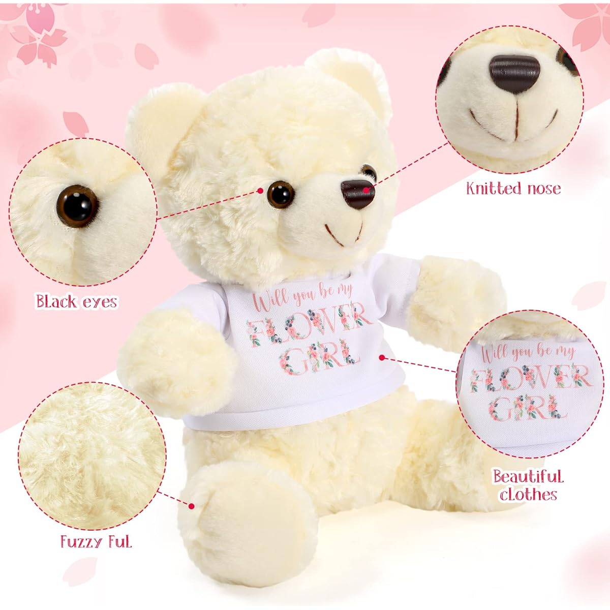 Jexine 2 Piece Wedding 10 Inch Stuffed Bear Will You Be My Flower Girl Ring Boy Proposal Proposal Gift from Bride and Groom Wedding Anniversary Party (Flower Girl, Ring)