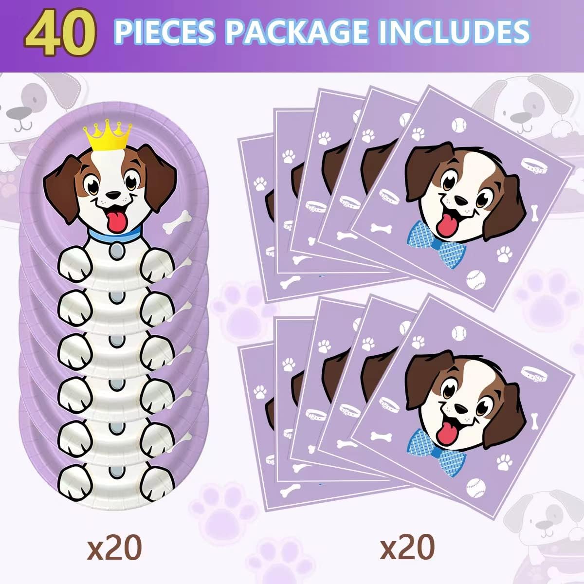 Purple Dog Party Supplies 40 Pieces Dog Party Decorations 20 Plates and 20 Napkins Dog Theme Birthday Party Supplies