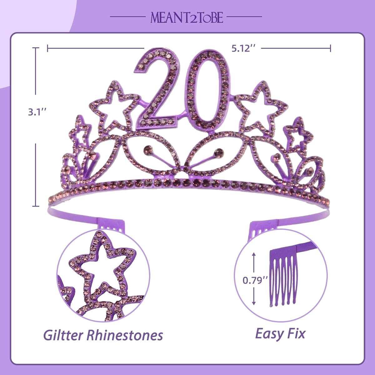 MEANT2TOBE 20th Birthday Sash and Tiara for Women - Fabulous Set: Glitter Sash + Star Rhinestone Purple Premium Metal Tiara for Women 20th Birthday Party 20th Birthday Gift
