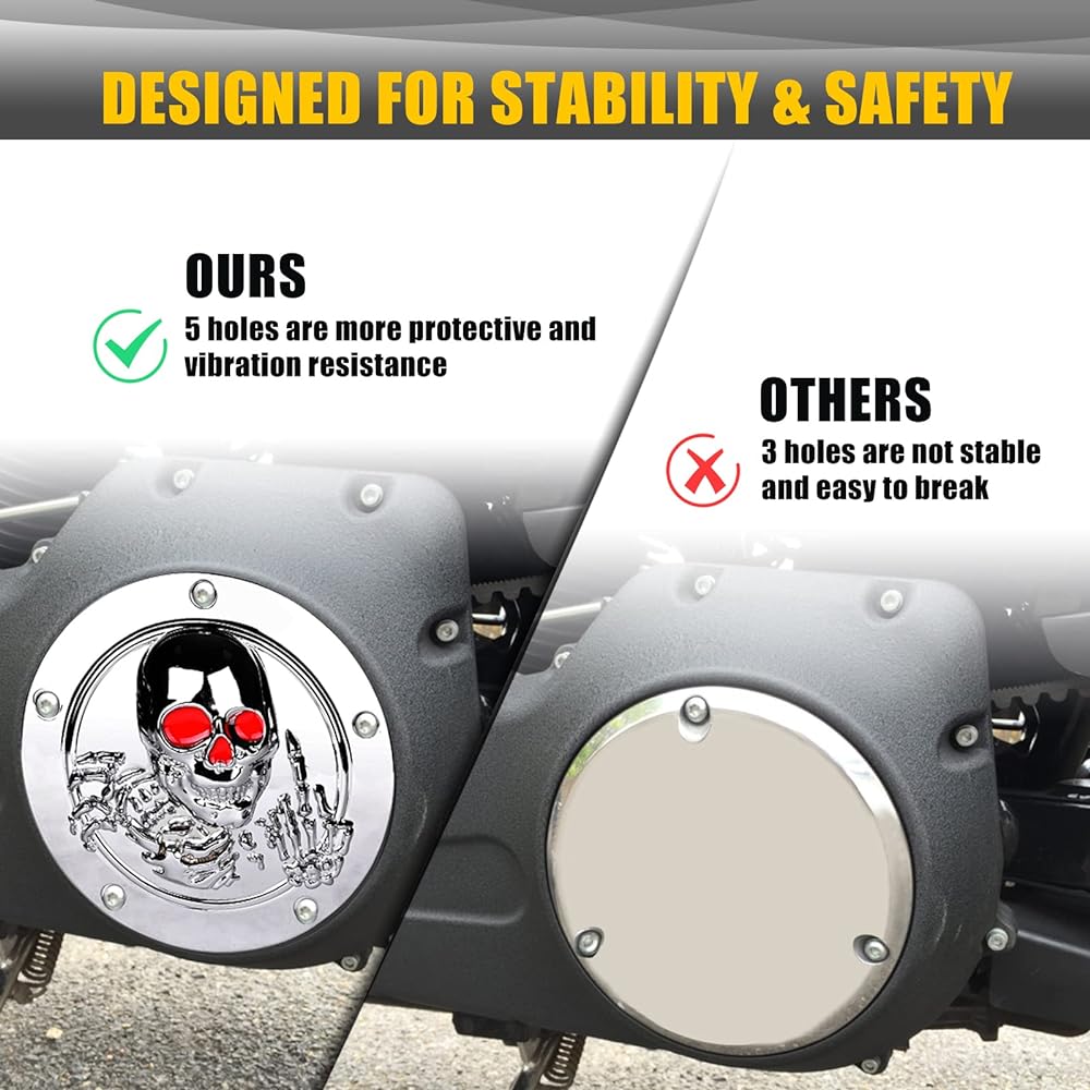 Harley Softail Derby Cover Sresk 3D Skull 5 Hole Derby Timer Engine Timing Cover Point Cover for Harley 1999-2014 Big Twin Cam EVO Touring Road King Electra Glide FLHR FLHX FXST Dyna (Chrome R)