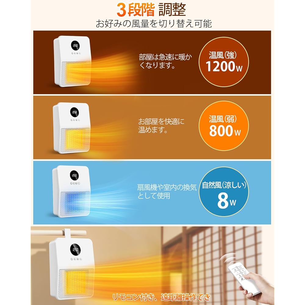 BAYATA Wall Mounted Ceramic Heater (2023 Winter Release, Wall Mounted, 3-Way Usage), Dressing Room Heater, Wall Mounted, Large Airflow, Fan Heater, 3 Level Adjustment, 800W/1200W, Display Display,