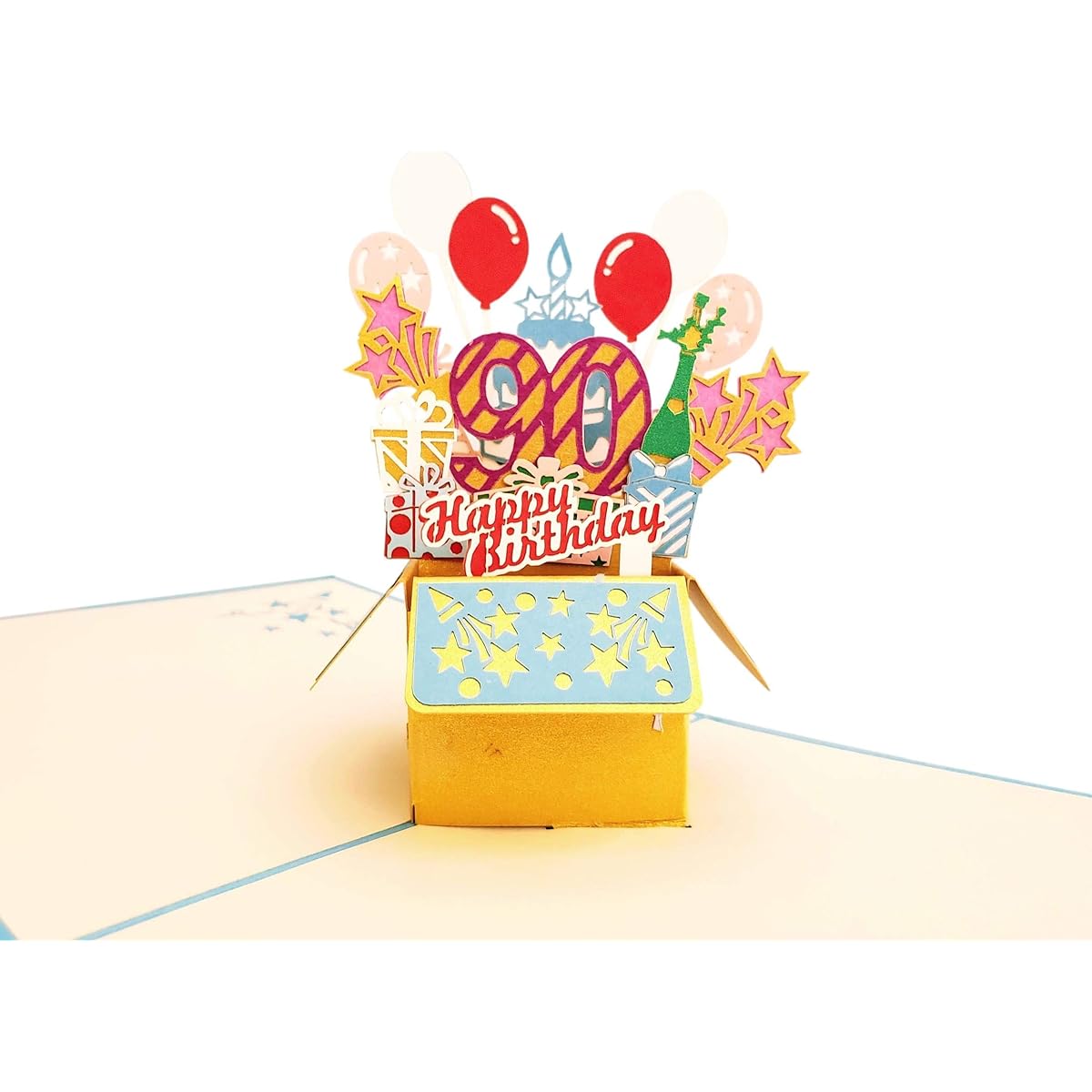 iGifts And Cards Happy 90th Blue Birthday Party Box 3D Pop Up Greeting Cards - 90 Years Old Awesome Balloon Unique Celebration Feliz Camprearini Fans Mom Dad