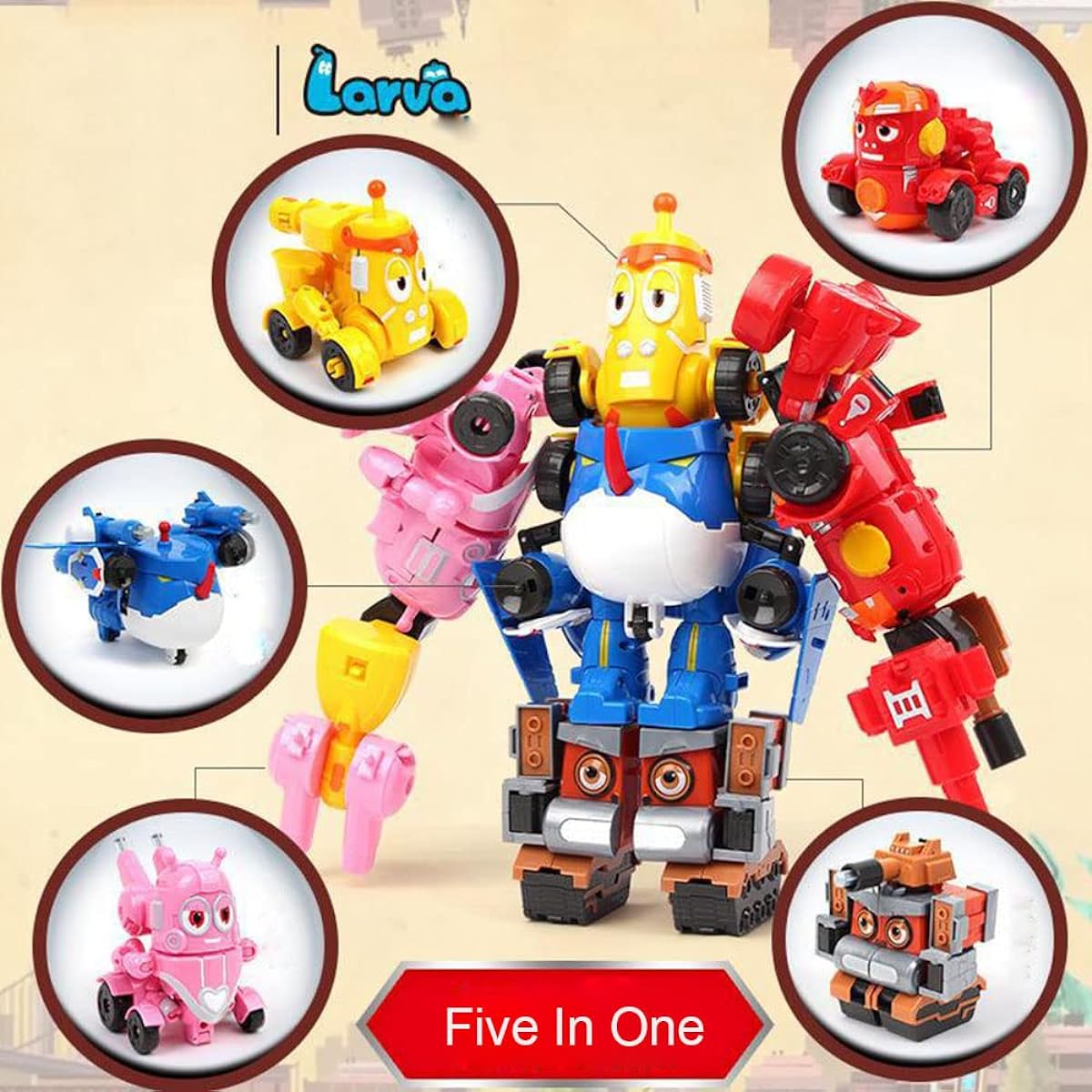 Five in One Transformation Playset Cheerful Larva Transformation Robot Transformation Figure Mecha Team Boys Toys Robot and Vehicle Mode Puzzle Parent-Child Toys Super Wings Gift