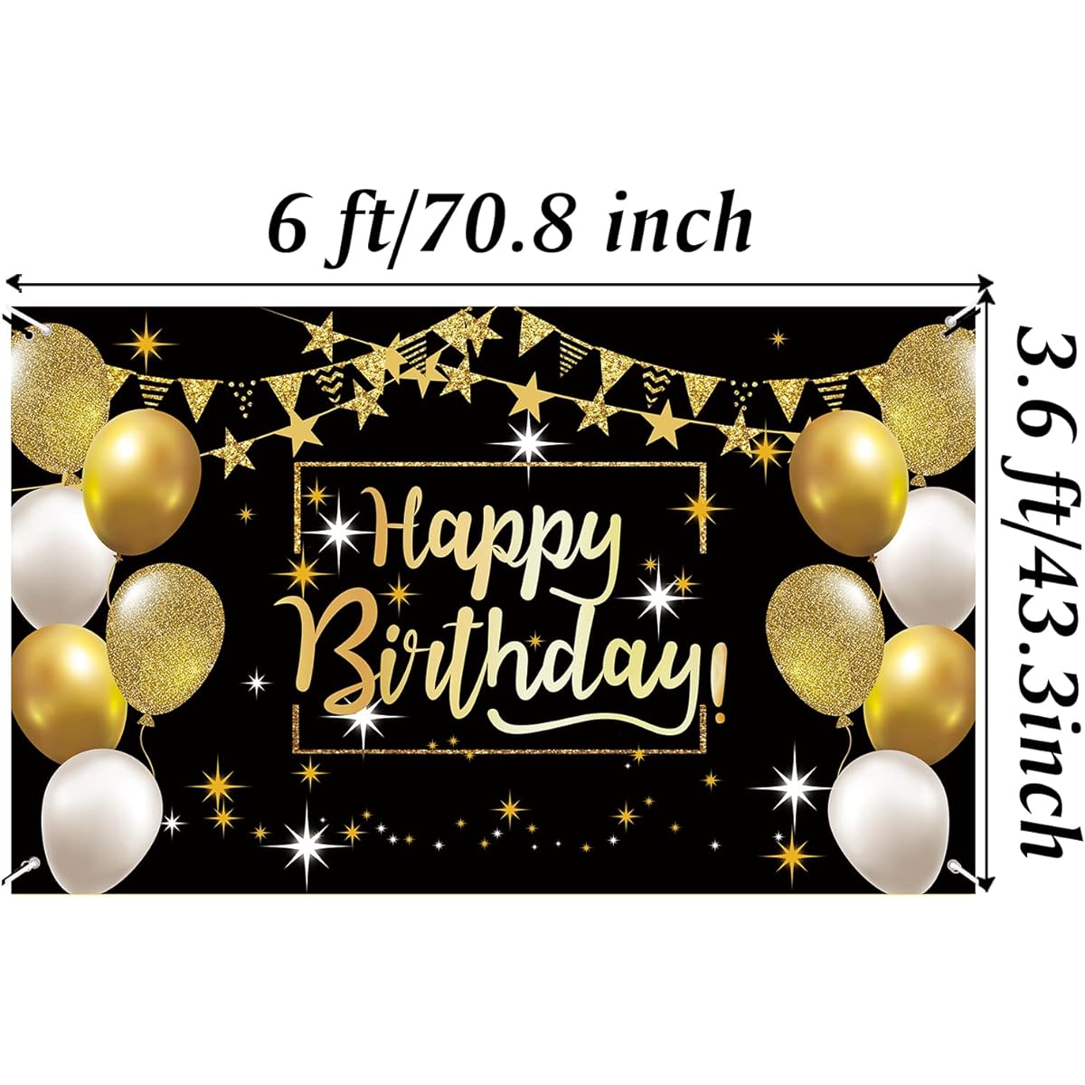 6x4ft Black Gold Happy Birthday Banner Backdrop for Boys Men Women Birthday Party Decorations Supplies Photo Background