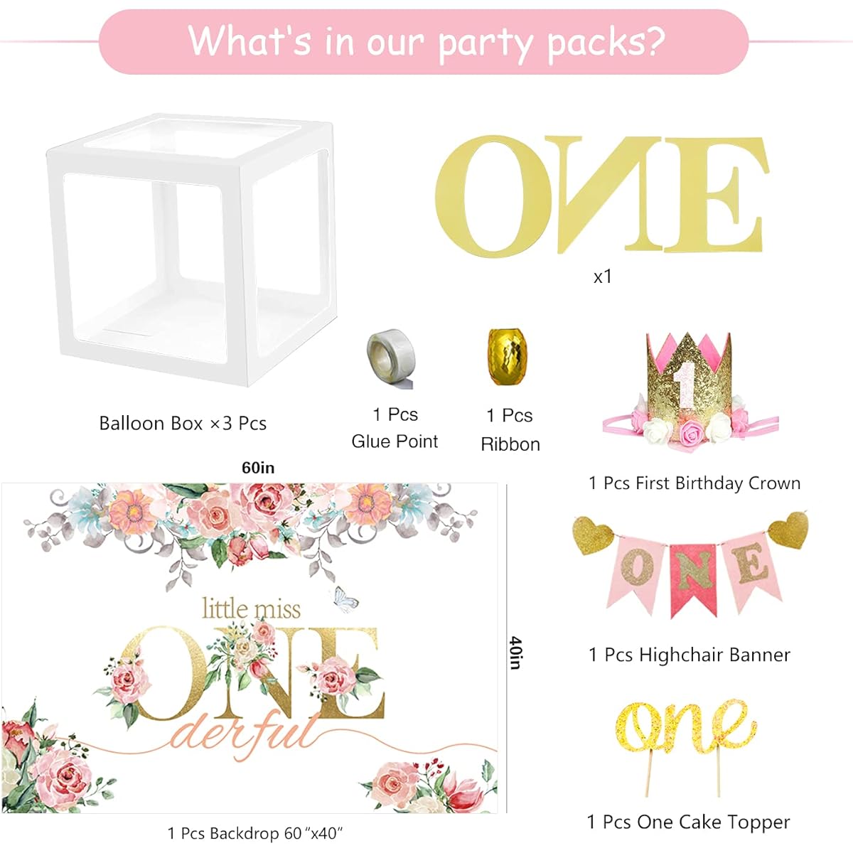 PYCALOW FIRST BIRTHDAY DECORATIONS GIRL - 1st birthday girl decorations include balloon box, backdrop, crown, banner, highchair banner, topper, baby first 1st girl party supplies.