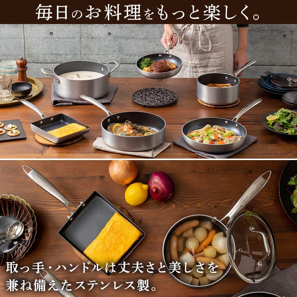 Iris Ohyama Frying Pan Pot 6 Piece Set 26cm 20cm IH Compatible Diamond Grace Silver KITCHEN CHEF DG-SE6