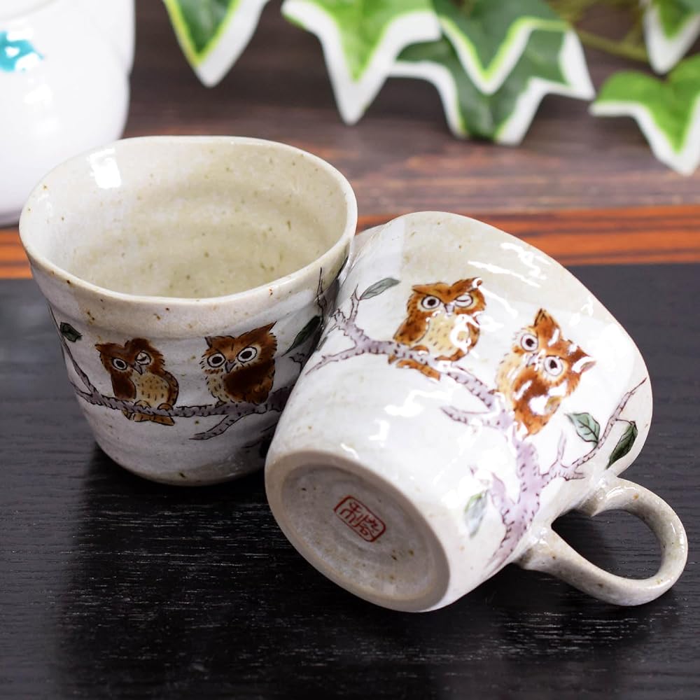 Mug Pair Set Kutani Ware Owl Stylish Pottery Luxury Brand Tableware Made in Japan