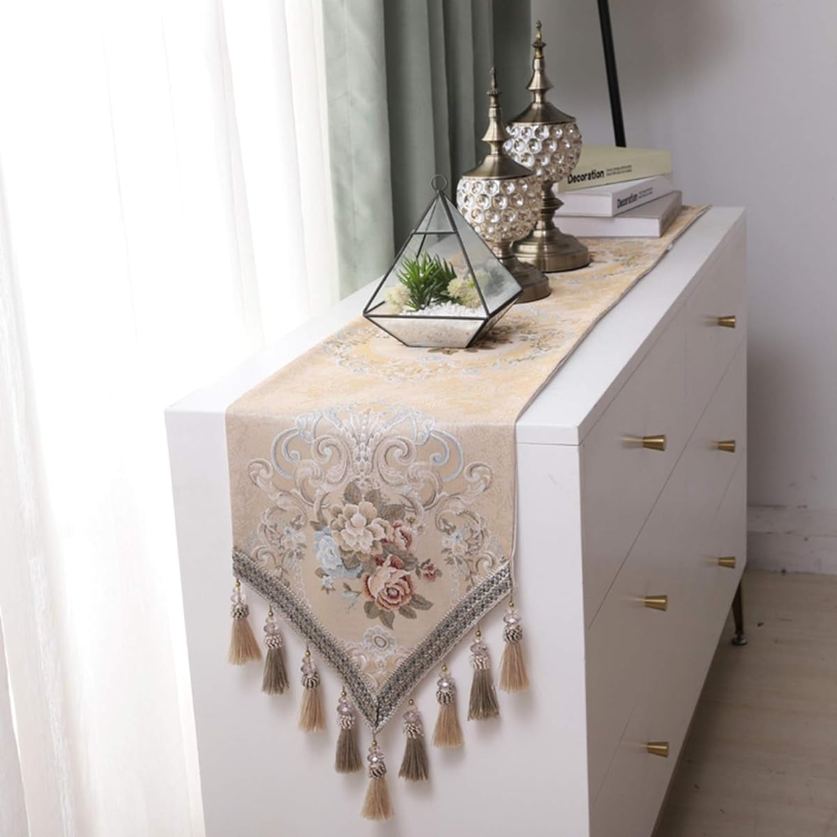 Stylish table runner, space, modern interior, living room, hospitality, tablecloth, table cover, bedroom, bed cloth, Nordic style, with tassels, 180 x 32 cm, beige, blue, table runner, 32 * 200, table cover