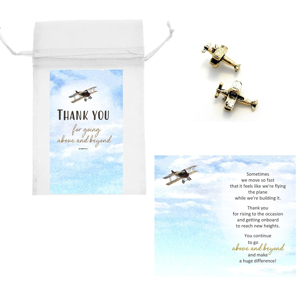 Smiling Wisdom - Bulk 30 - Business Employee Team Staff Appreciation Keepsake Mini Card Bag Airplane Theme Gift Set - You Go Over and Beyond - Gold