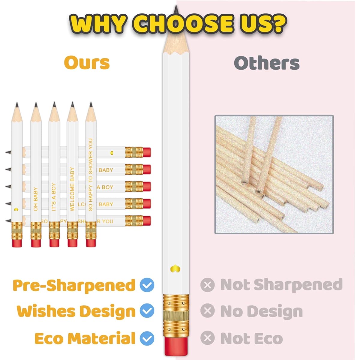 50 Count – Baby Shower Sharpened Half Pencils with Erasers, Pre-Sharpened, 4 Inch for Baby Showers (Boys – White)