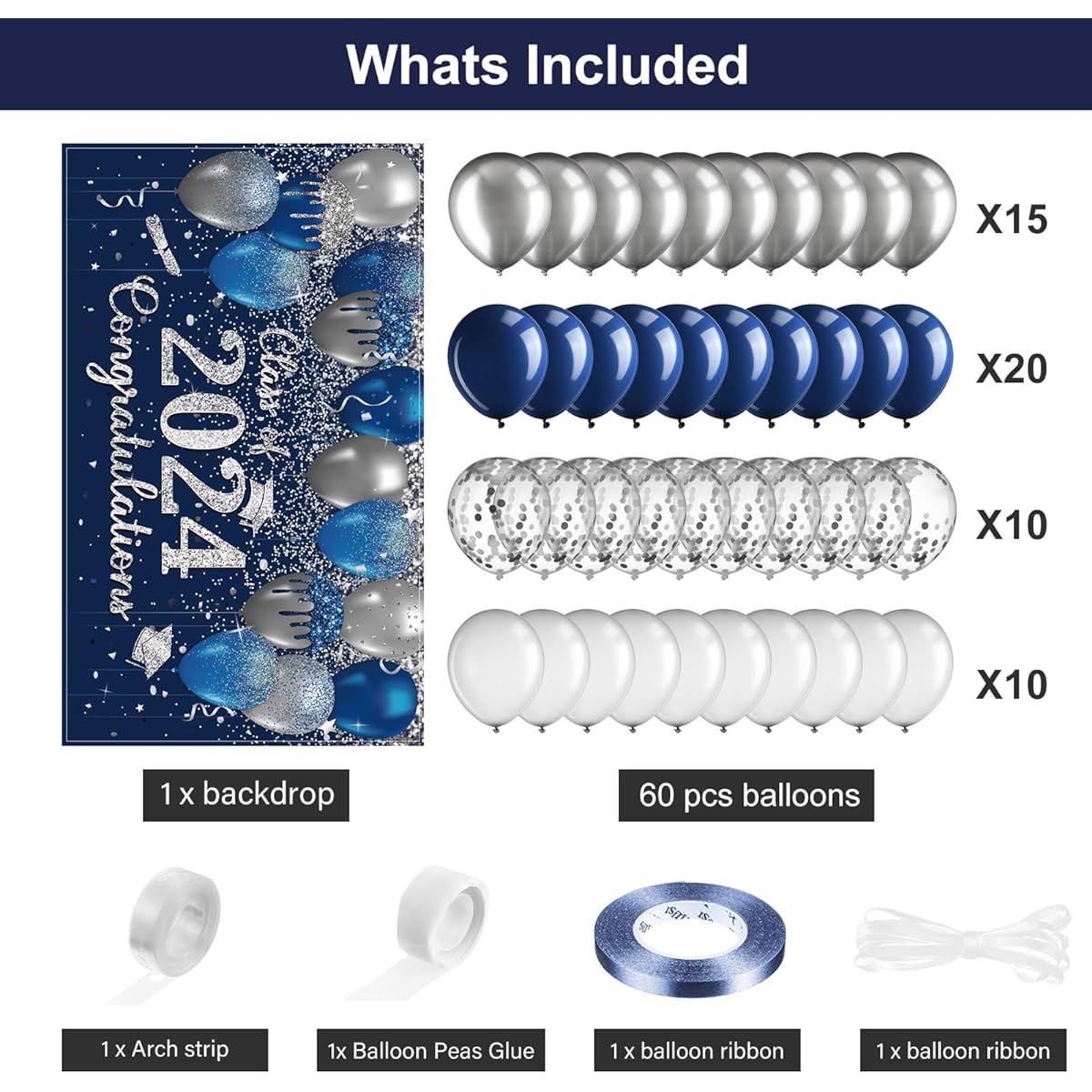 Graduation Backdrop Decorations Set, 2023 Graduation Photo Backdrop Latex Balloons Graduation Celebration Grad Backdrop Banner Graduation Theme Party Photo Booth Props Decorations (Blue and Silver)
