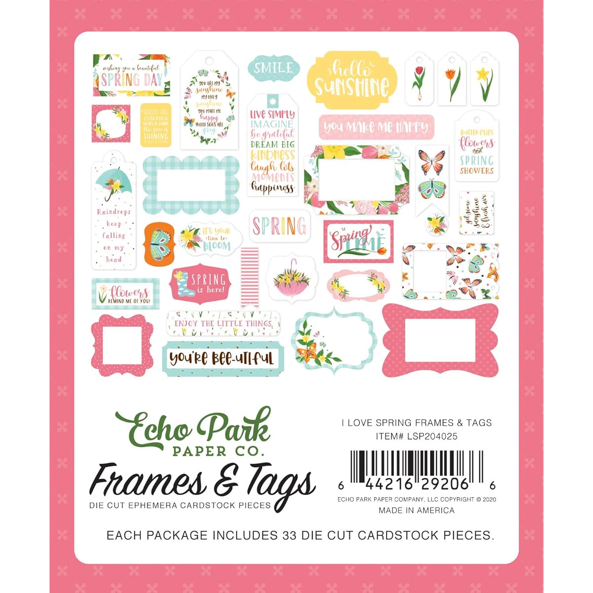 Echo Park Paper Company LSP204025 I Love Spring Frames & Tags Ephemera, Pink, Teal, Yellow, Green