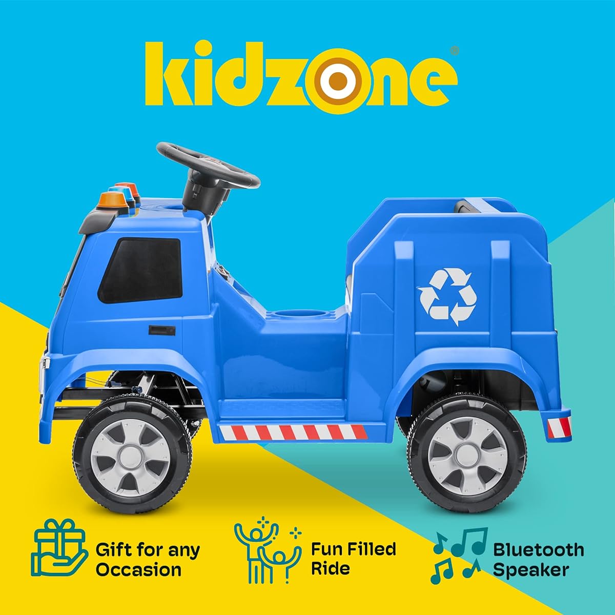 Kidzone 6V Recycling Garbage Truck Motorized Ride-On Toy with LED Lights for Toddlers and Kids Ages 1.5-6, Boys and Girls, Sound Effects, Recycling Accessories Included, Blue