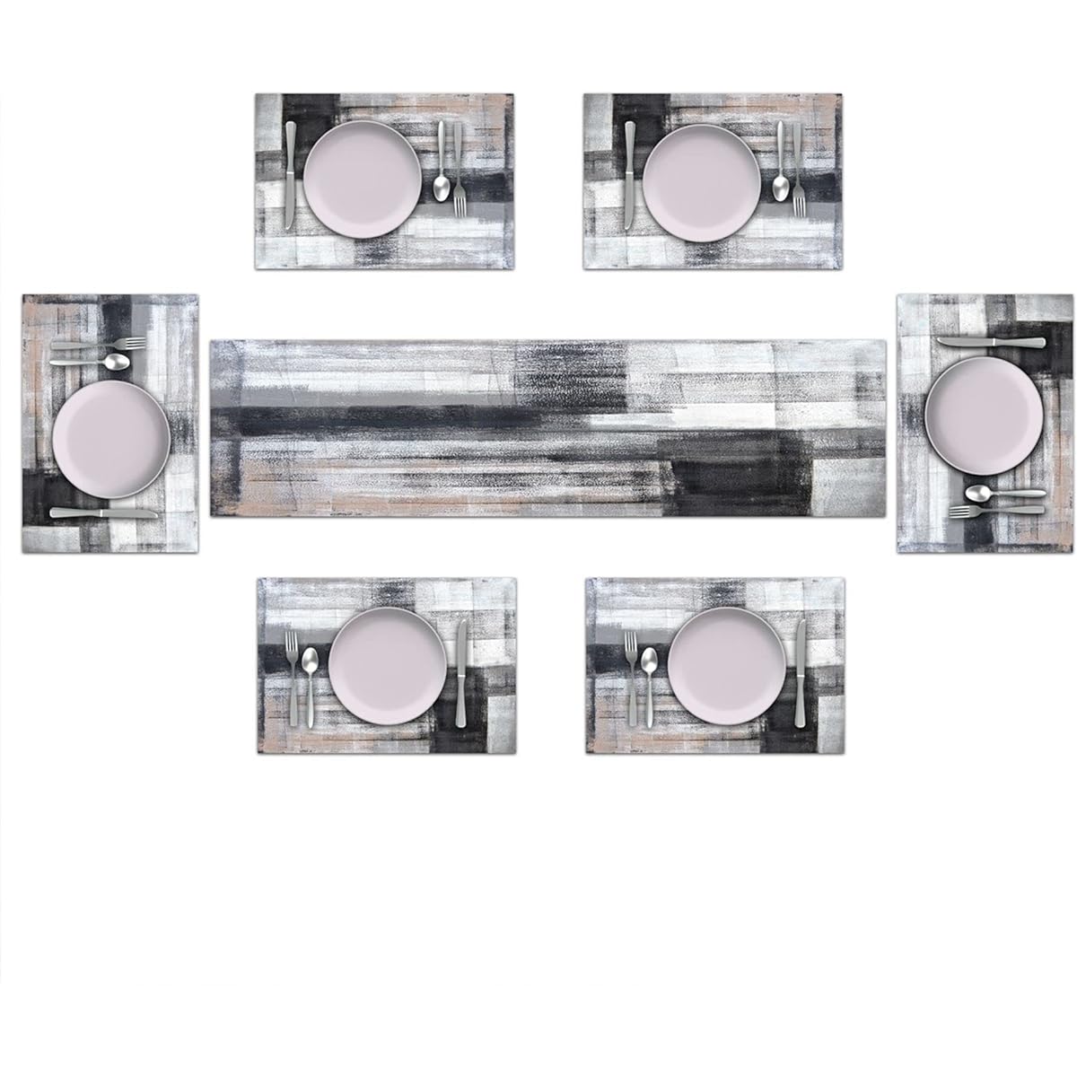 TQFZP Black and Gray Modern Table Runner and Placemats Set of 6 Abstract Black and White Gray Pink Linen Dining Mat Set Washable Ivory Table Decoration 90" Length