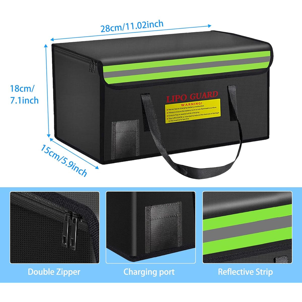 CNDHDOK Battery Safety Bag Charging Bag Large Capacity Lipo Battery Bag for Ebike Lipo Battery Pack Storage Charging Transport Home Travel Fireproof Safety Storage Pouch, Black///White, 280*150*180mm, Bag