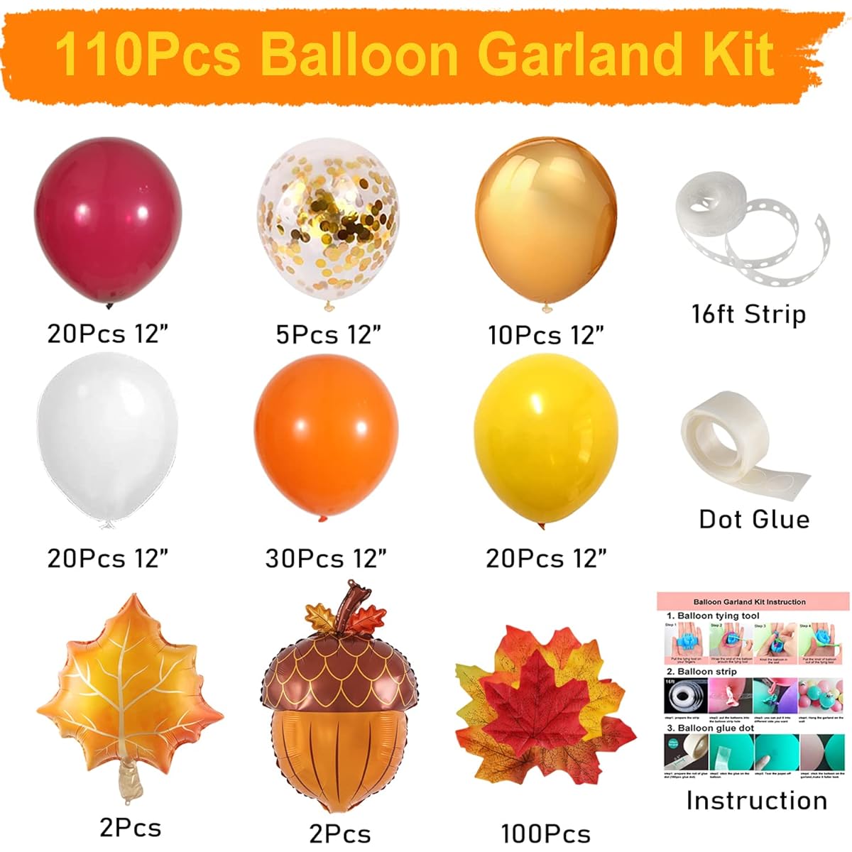 Fall Balloon Garland Arch Kit 110pcs Orange Burgundy Yellow Balloons Confetti Balloons Acorn Maple Foil Balloons Maple Leaves Fall Thanksgiving Party Decorations