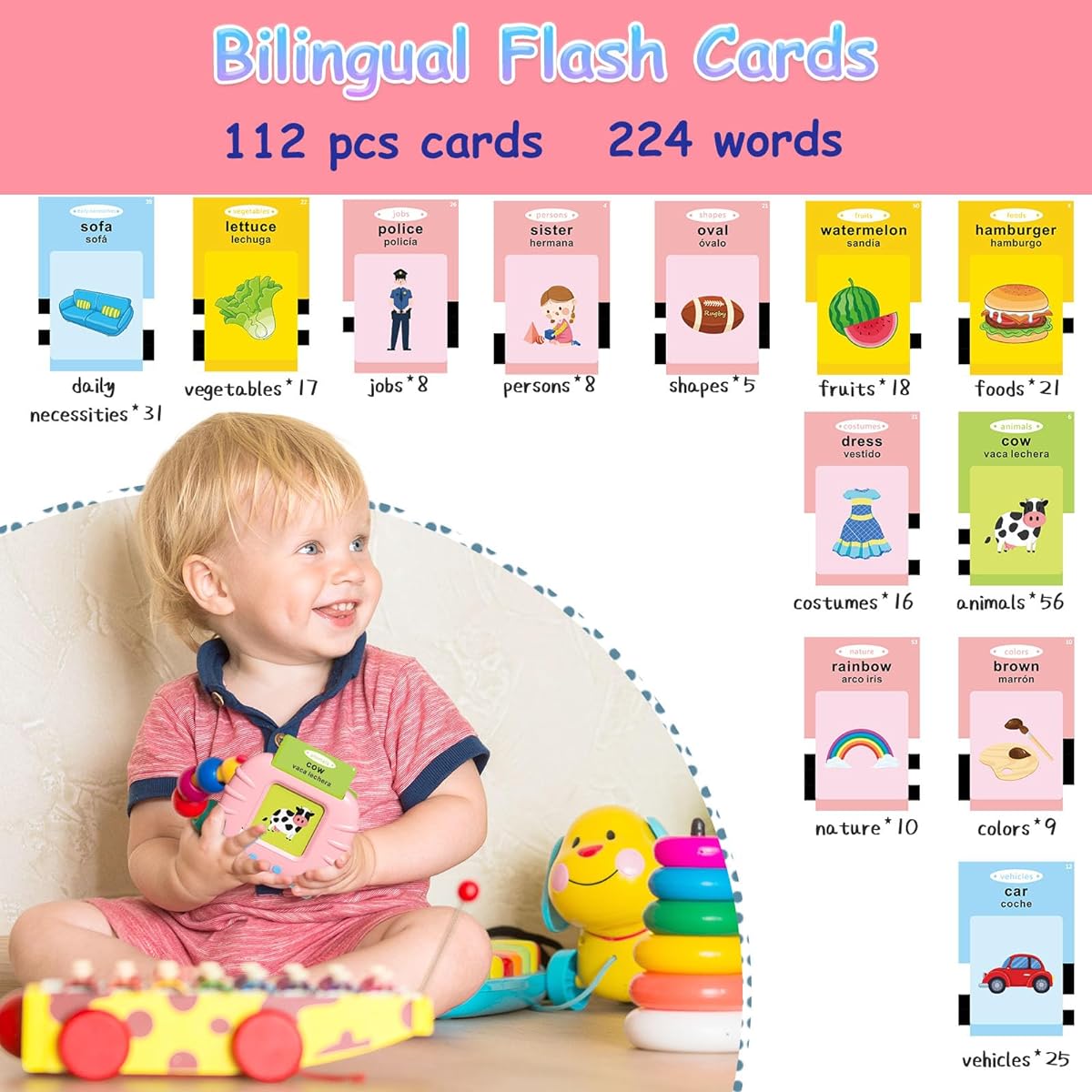 ROATEE Talking Flash Cards for Toddlers 224 Characters Pocket Speech Toddler Toys for Kids with Autism Montessori Trend Toys for Toddlers/Boys/Girls Spanish (Pink)