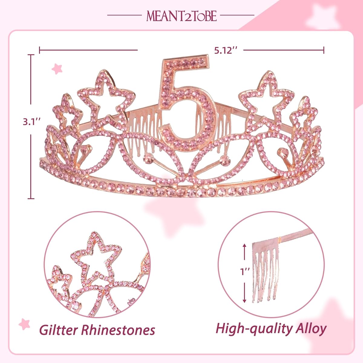 5th Birthday Sash and Tiara for Girls - Lovely Glitter Sash + Star Rhinestone Pink Premium Metal Tiara for Girls 5th Birthday Gifts for Princess Party