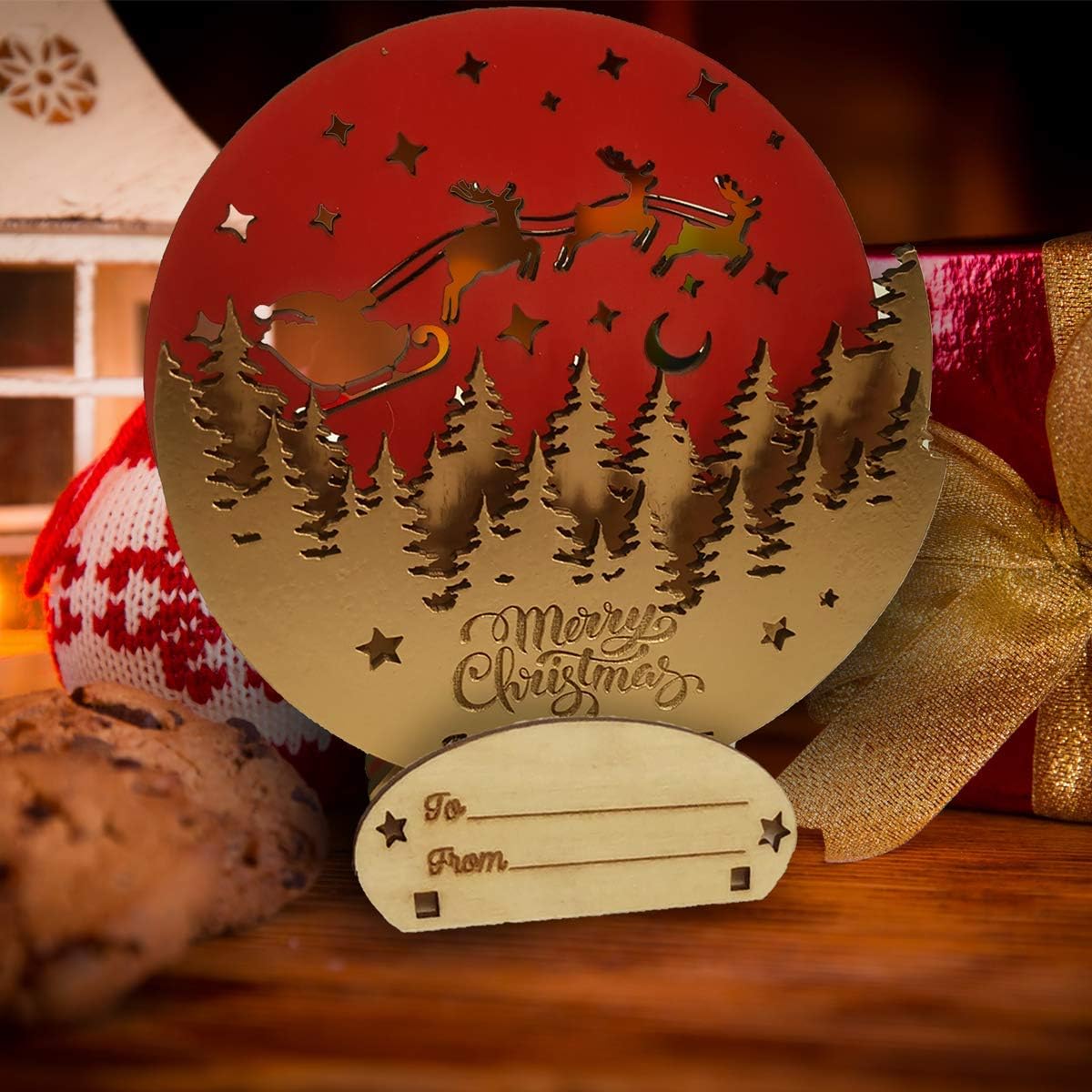 Wooden 3D Christmas Card Gifts - Pop Up Happy Holidays and Happy New Year Greeting Cards with Envelopes for Congratulations to Friends and Family (Snow Globe Red/Gold 2 Pack)