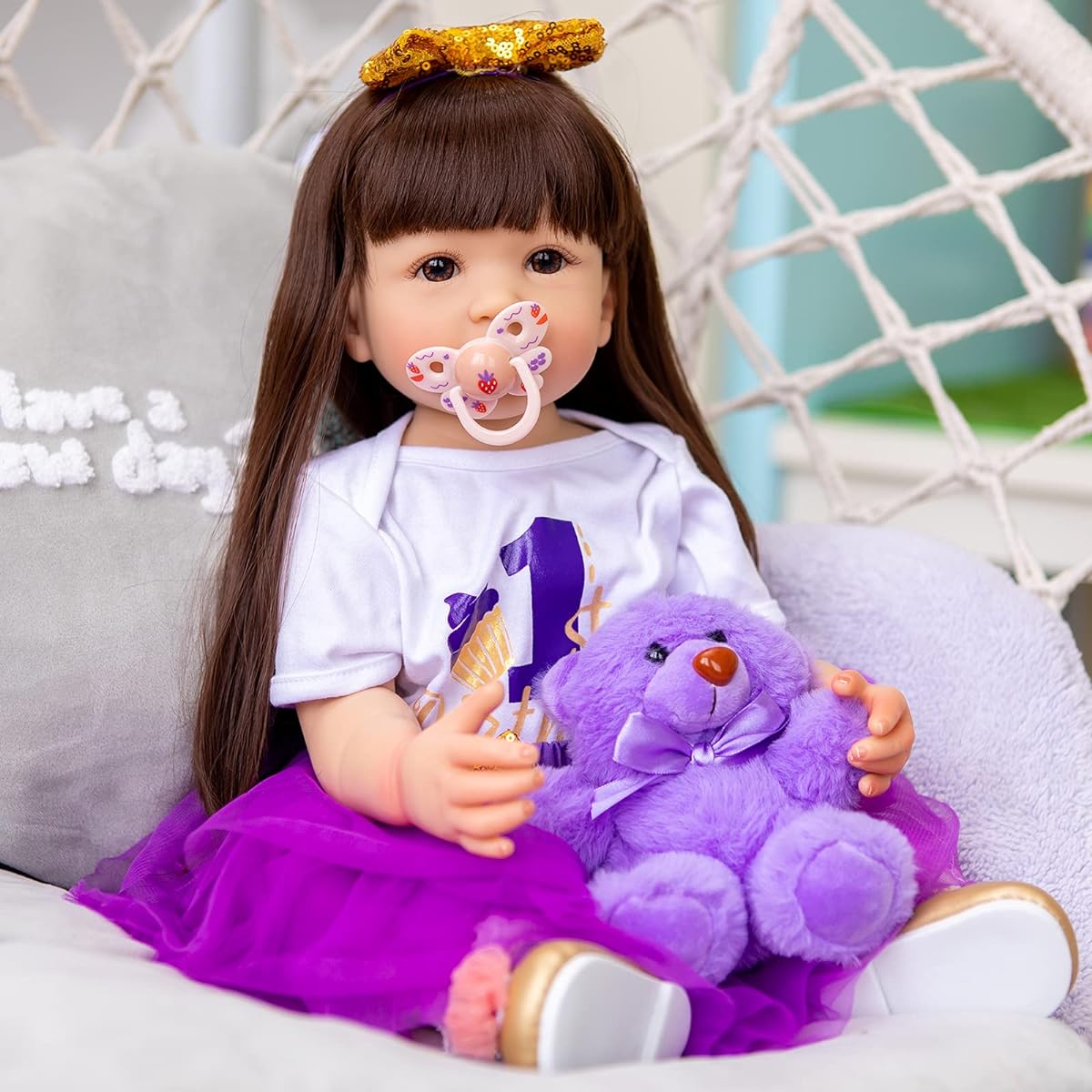 TERABITHIA 22" Cute Alive Handmade Long Brown Hair Reborn Baby Doll Silicone Vinyl Full Body Anatomically Correct Realistic Newborn Princess Toddler Girl Doll Purple Gift Set