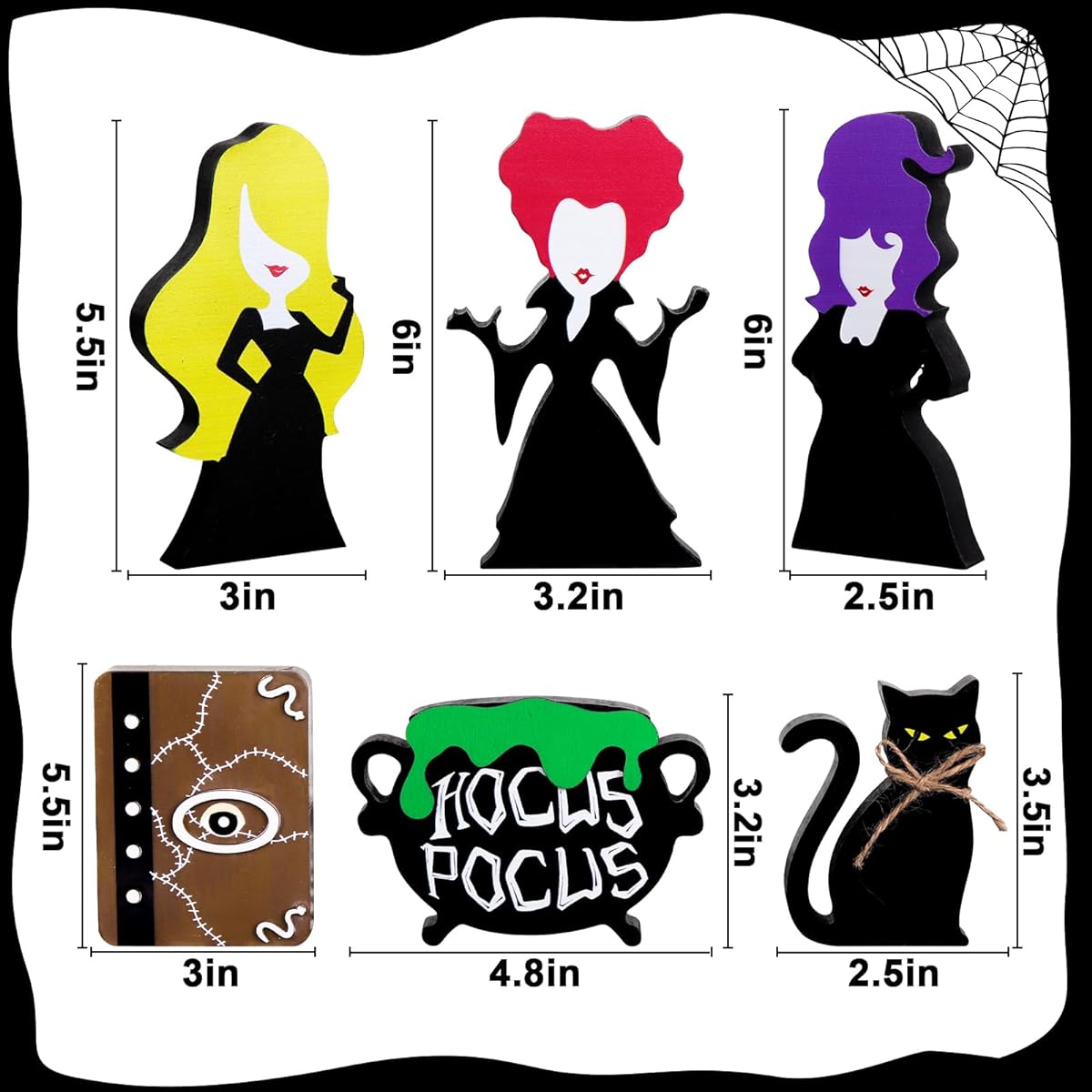 Treory Halloween Tiered Tray Decorations: 6pcs Hocus Pocus Halloween Witch Black Cat Cauldron Spell Book Halloween Decor Wooden Table Sign Set Halloween Decorations Indoor Home Party Supplies Decor