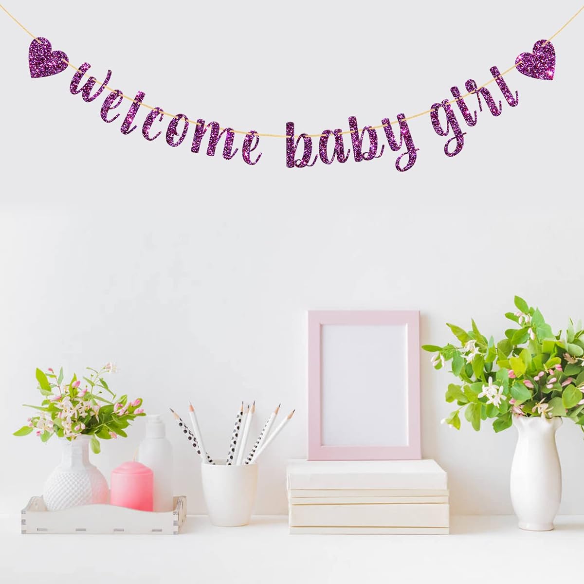 Belrew Welcome Baby Girl Banner It's a Girl Baby Shower Decorations Gender Reveal Party Baby Grill 1st Birthday Party Decorations Supplies Glitter Purple