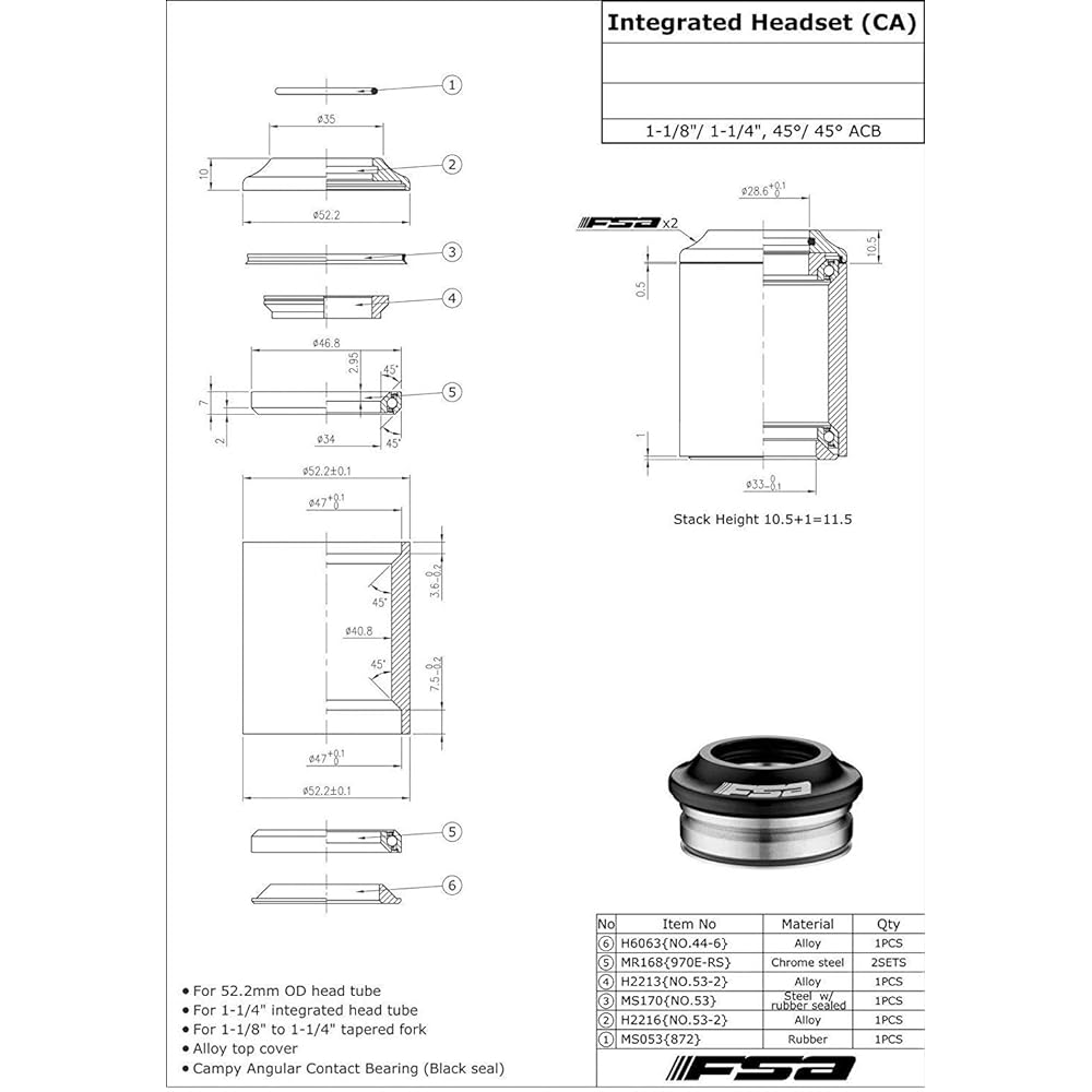 FSA No.53-1 1-1/8" - 1-1/4" Integrated Headset With Top Cap #XTE1670