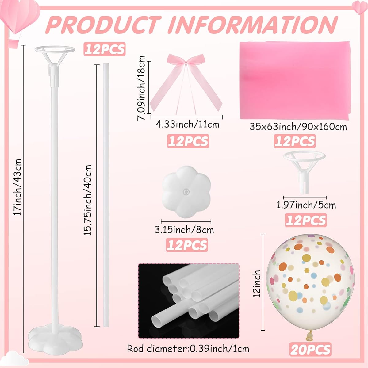 Wettarn 12pcs Pink Polka Dot Balloon Centerpiece Tutu Tulle Balloons with Bow Stick Holder Base Kit for Baby Shower Girls Birthday Party Wedding Table Centerpiece Decorations