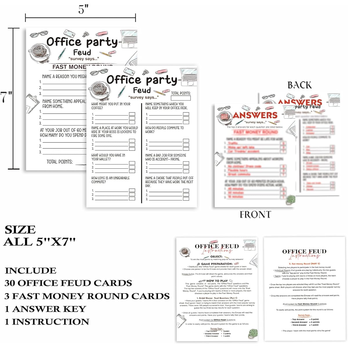 Tuyashua Office Party Feud Games, Work Party Games, Team Building Group Office Games, Great for Coworker Games and Adult Trivia Games - 30 Office Feud Cards and 3 Fast Money Round Cards (03)