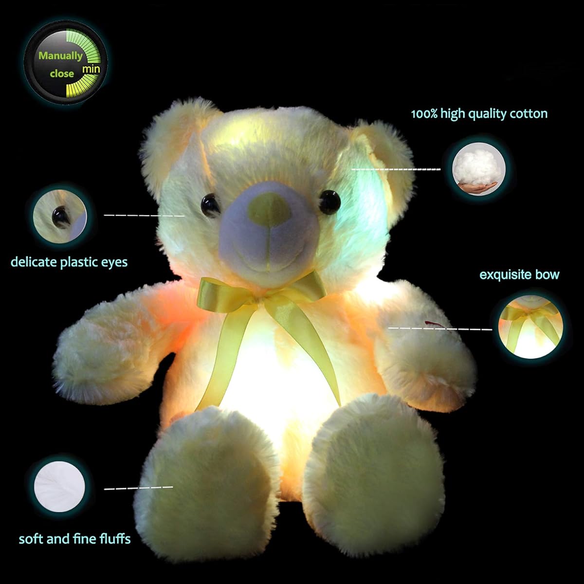 sofipal LED Teddy Bear Plush Toy Cute Yellow Glow Bear Stuffed Animal Creative Colorful Luminous Glowing Doll Gift for Bedroom Kids Baby Valentine 18inch