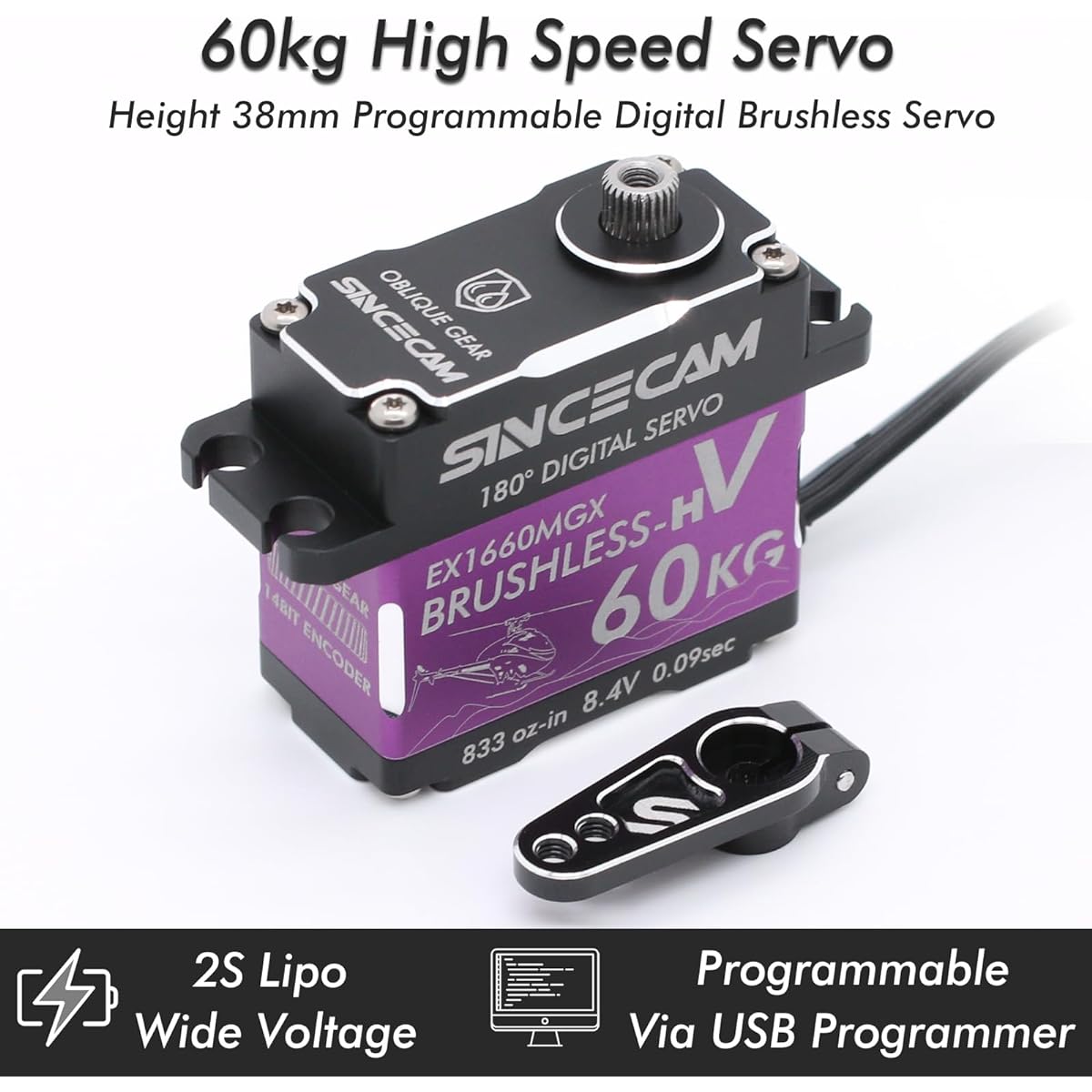 Sincecam 60kg High Torque Brushless High Speed Waterproof Servo HV Programmable Steering Servo All Metal Helical Gear Aluminum Case for 1/8 1/10 RC Models (180° Purple)
