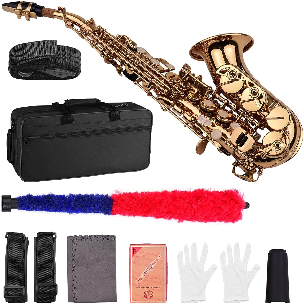 SHUBIAO Mini Bb Soprano Saxophone Saxophone Brass Material Gold Lacquer Surface Woodwind Instrument Carrying Case Cleaning Cloth Brush Reed Saxophone Strap