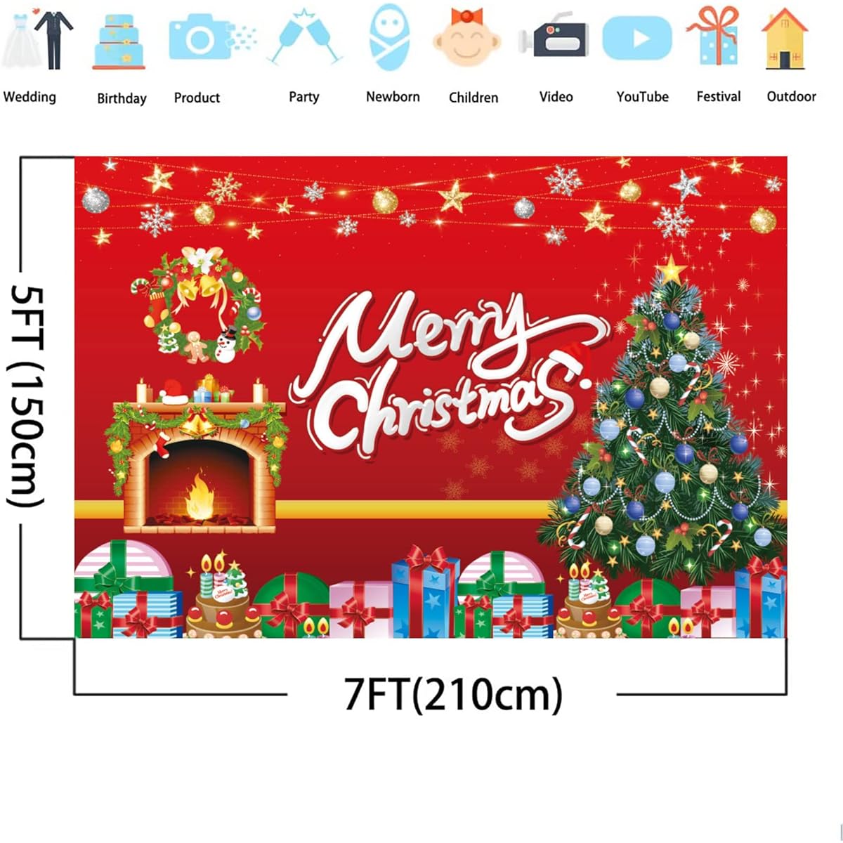 Christmas Backdrop Merry Christmas Decorations Christmas Fireplace and Tree Background Merry Christmas Banner for Photos (7x5ft)