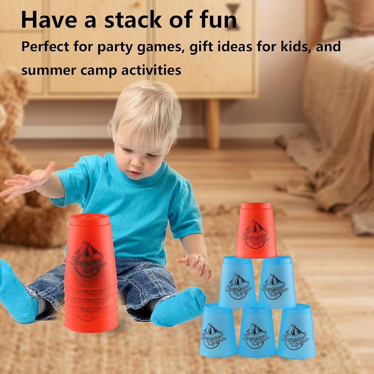 VIKEDIWZL Stacking Cup Game, 24 Pcs Cup Stacking Set, Quick Stack Cups, 15 Ways Stack Ways, Speed Sports Stacking Cups, Speed Training Game for Travel Party Challenge Competition, with Carry Bag (Blue+Red)