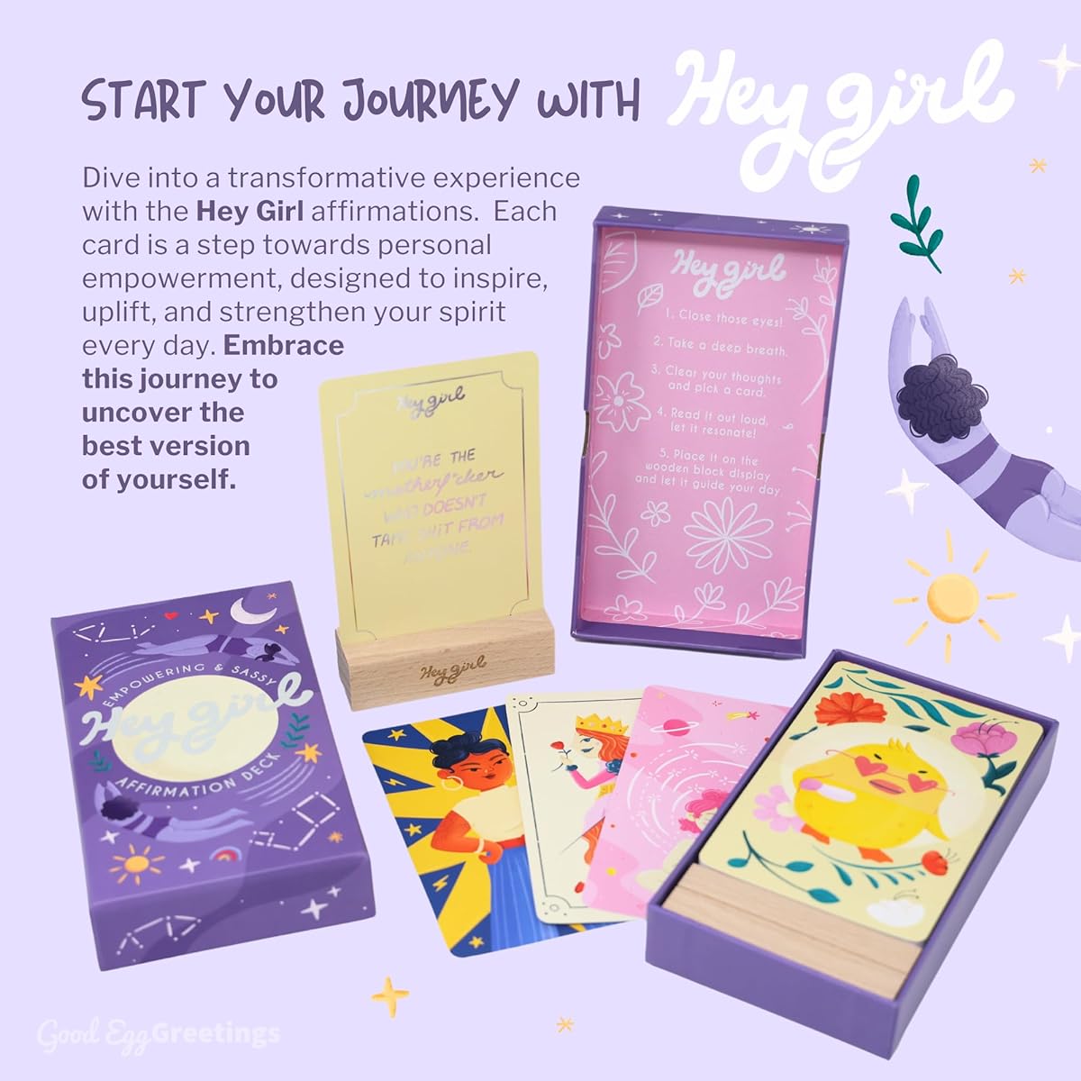 Good Egg Greetings Hey Girl Sassy Affirmation Card for Women - 60 Positive Daily Affirmations - Motivational and Inspirational Cards with Self-Love Gift Quotes