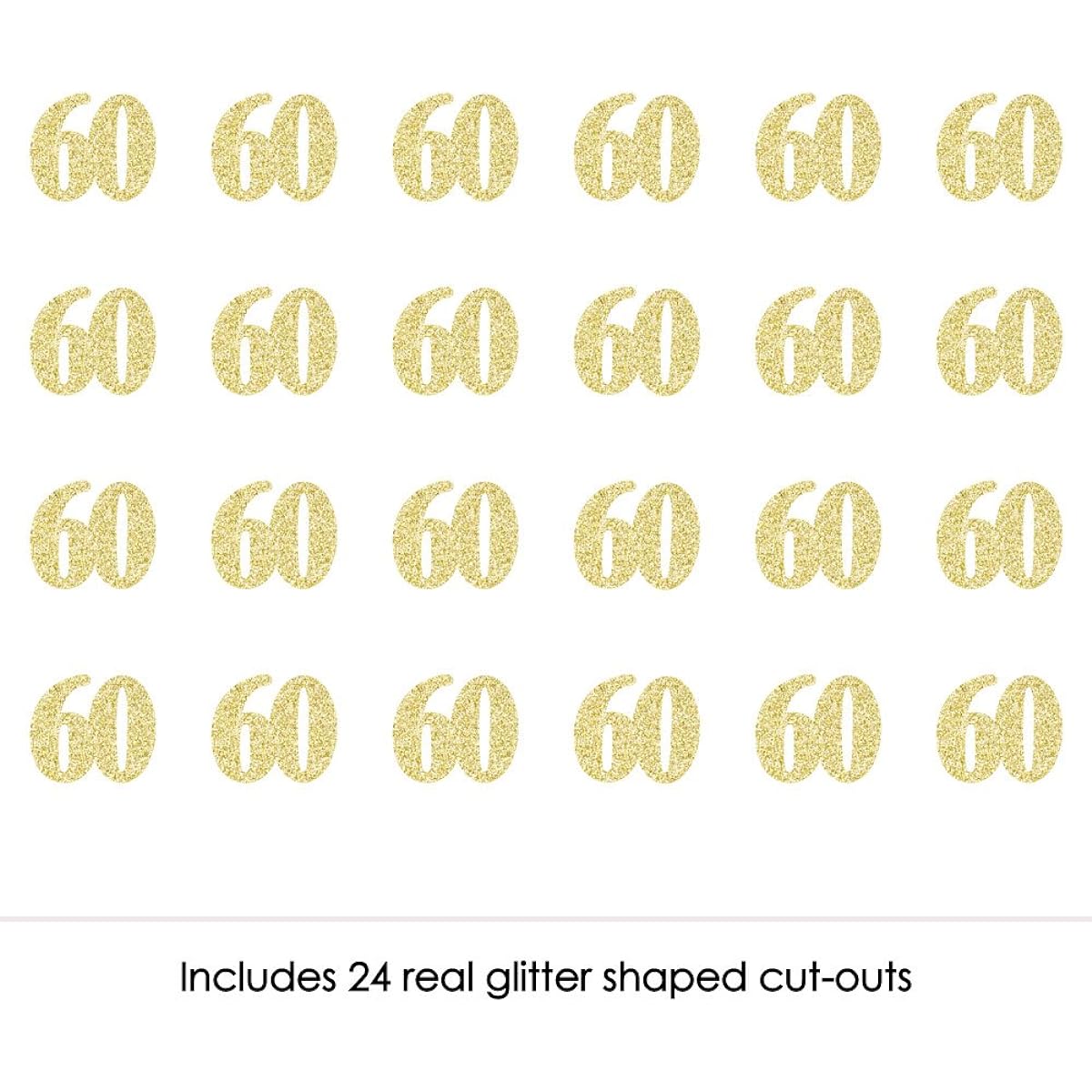 Gold Glitter 60 - Smudge-Free Real Gold Glitter Cut-Out Numbers - 60th Birthday Party Confetti - Set of 24