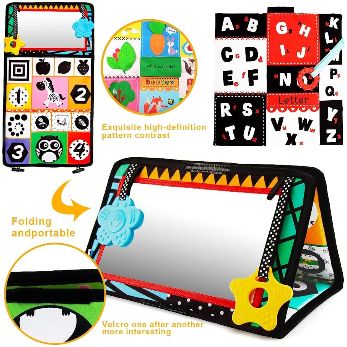 beetoy Tummy Time Baby Mirror Toy Black and White Contrast Pattern 3D Activity Play Crinkly Toy Foldable Toy Perceptual Development Newborn Infant 0-6 Months