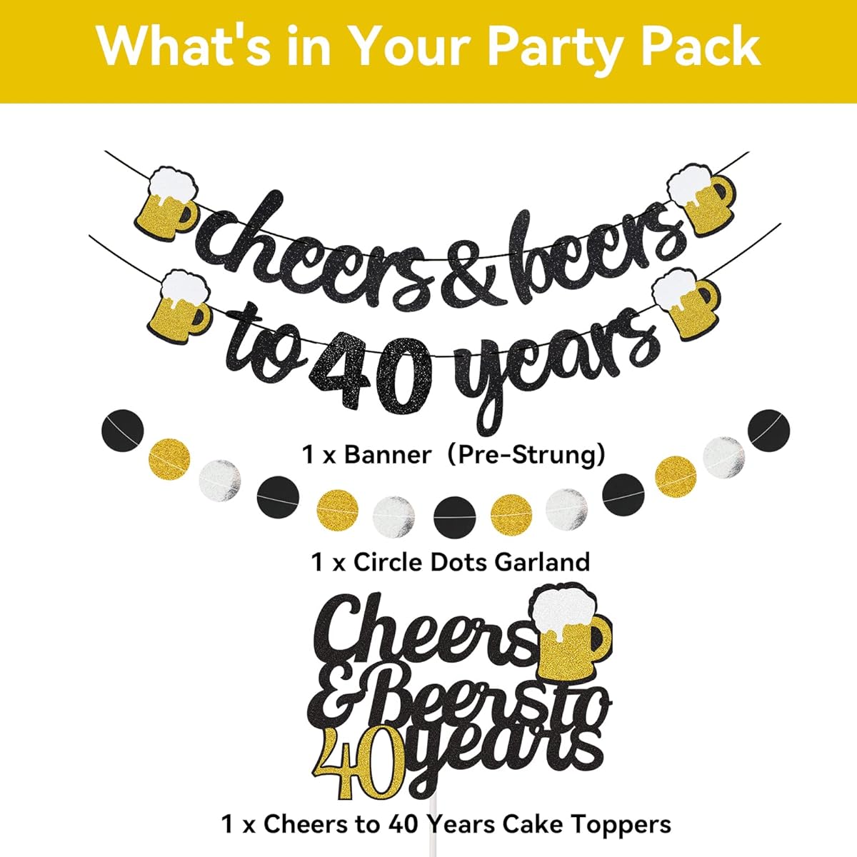 40th Birthday Decorations, 40th Anniversary Decorations for Men Women, Cheers to 40 Years Old Banner, 40th Cake Topper, Black Gold Sparkly Circle Dot Garland for 40th Birthday, Wedding Party Supplies Decorations