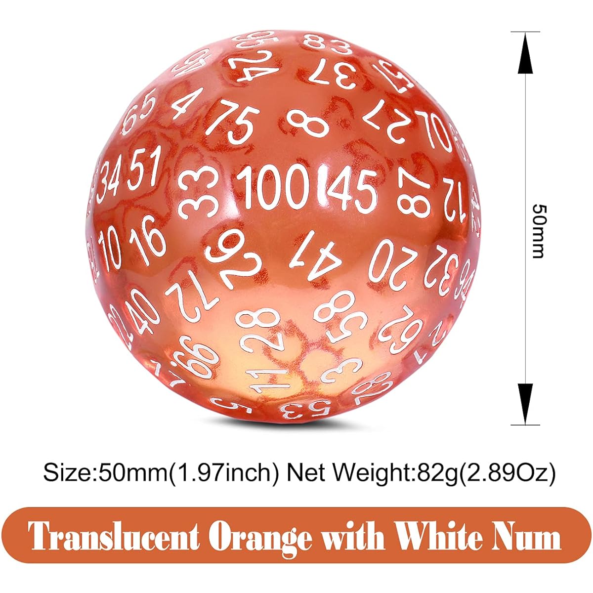 100-sided dice DND100 with Dungeons and Dragons translucent pouch (translucent orange and white numbers)