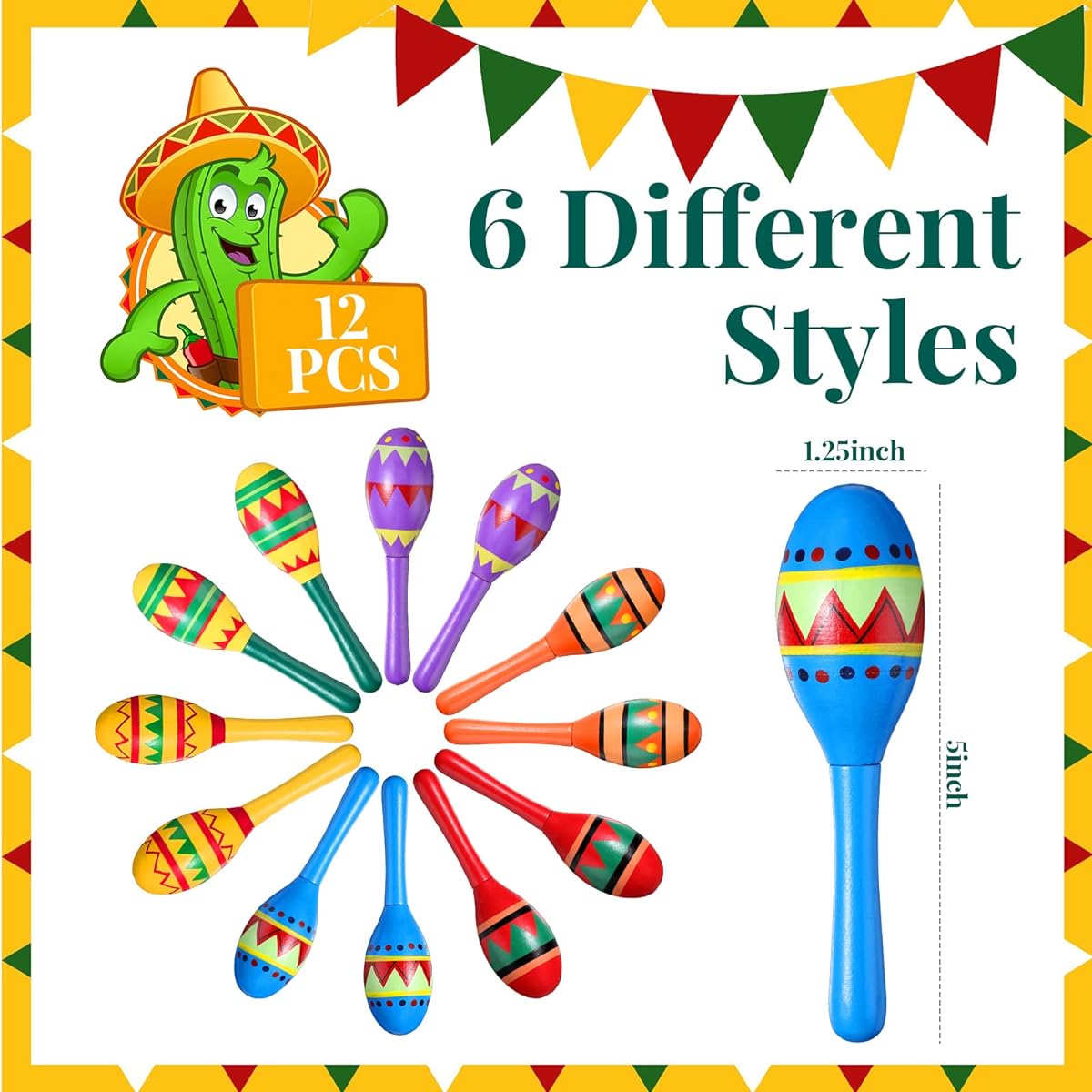 Poen 33 Pieces Mexican Party Decorations, Cinco de Mayo Party Decorations, 12 Wooden Fiesta Maracas, 6 Sombrero Party Hats, Fiesta Backdrop, Table Runner, Paper Fans for Mexican Party