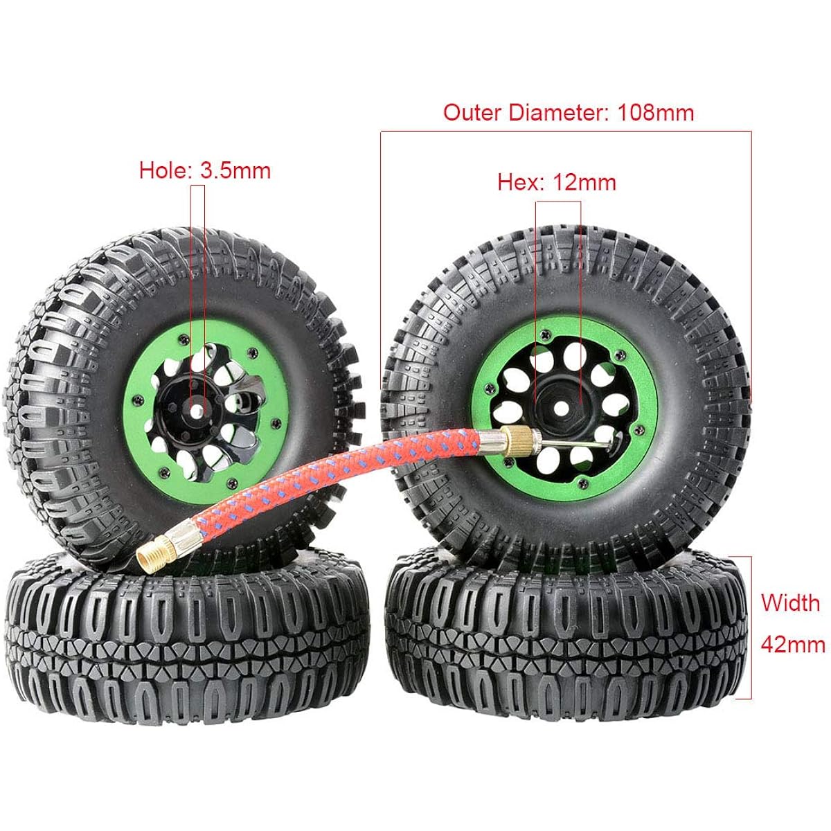 LAFEINA 108mm RC Crawler Tires and Wheels Set, 1.9" Beadlock Wheels & Inflatable Tires for 1/10 RC Crawler Axle SCX10 Tamiya CC01 D90 (Yellow & Blue)